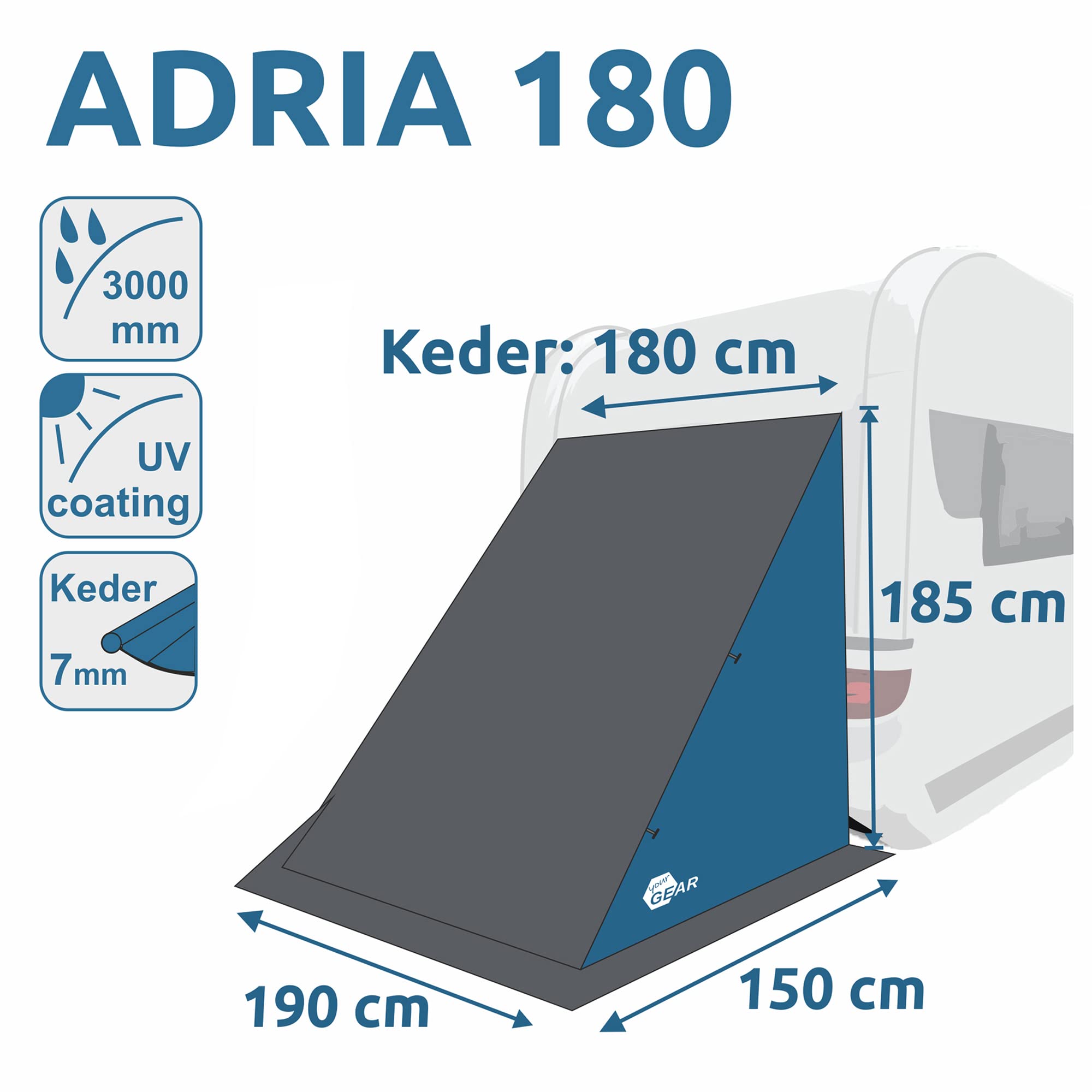 your GEAR Caravan Zelt Adria - Heckzelt 190 x 150 x 185 cm - Küchenzelt Gerätezelt Lagerzelt für Wohnwagen oder Wohnmobil - 3 Kederlängen zur Wahl - 2 Eingänge UPF 50+ Schutz 3000 mm Wassersäule