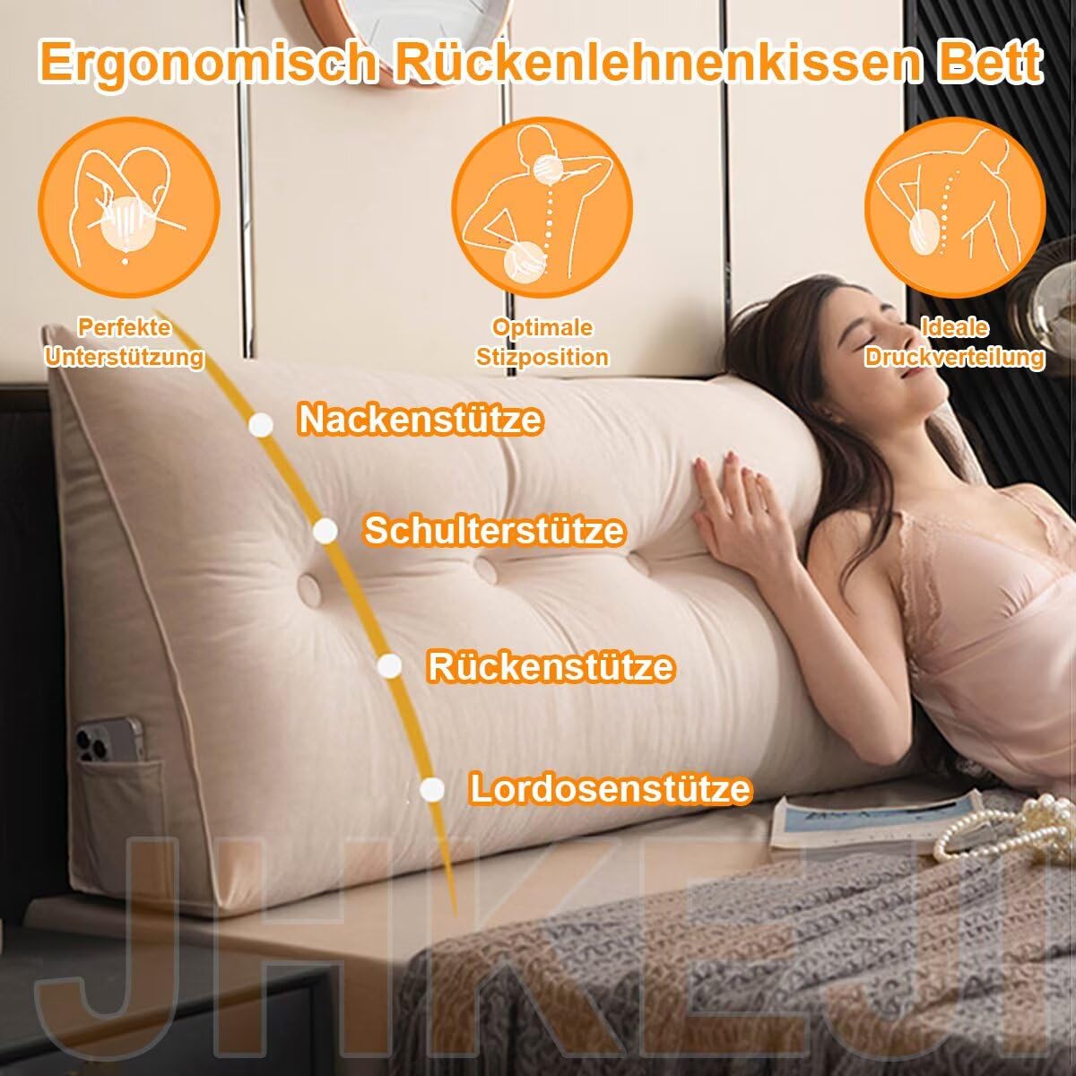 Couchkissen Groß, Rückenkissen 60CM Orange, Lesekissen für Bett und Sofa, Chenille Sofakissen mit Waschbarem Bezug, Rückenpolster für die Wand, Sitzkissen, Wandkissen, Keilkissen zum Anlehnen im Bett