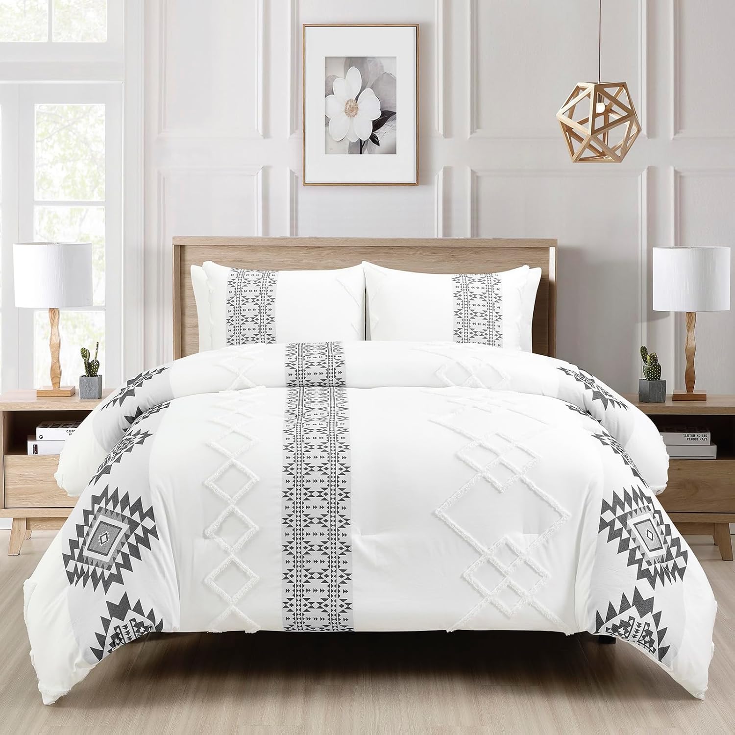 Sunshine Nicole Engineer Jacquard Comforter Set, Jacquard Fabric Face with Tufted Effect and Brushed Solid Microfiber Reverse, with Light Weight Soft Poly Fill, 3 Pieces King