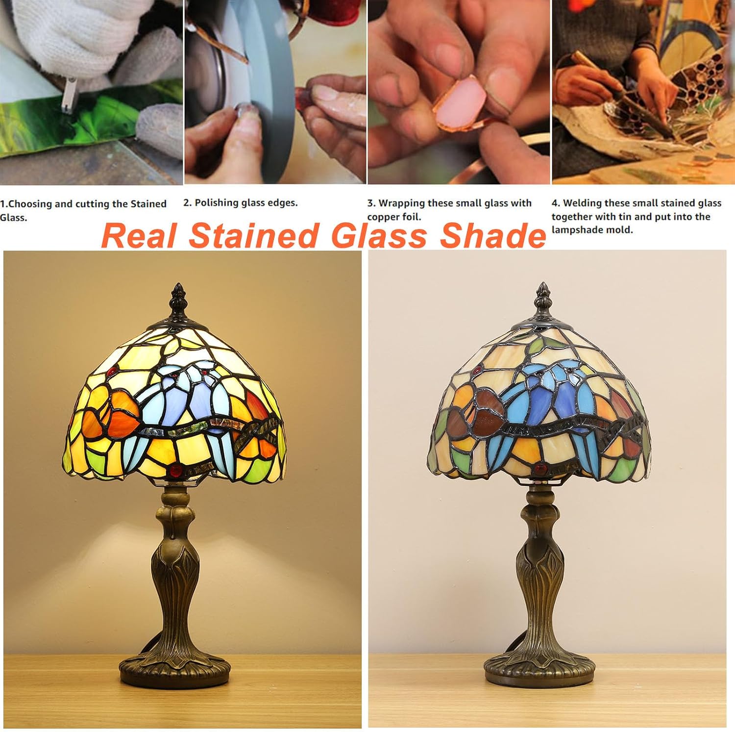 Tiffany Small Table Lamp Hummingbirds Stained Glass 3 Way Color-temperatures Antique Side Table Lamps Bedside Nightstand Lamp for Bedroom Living Room Home Office +LED Bulb 8X8X15Inch