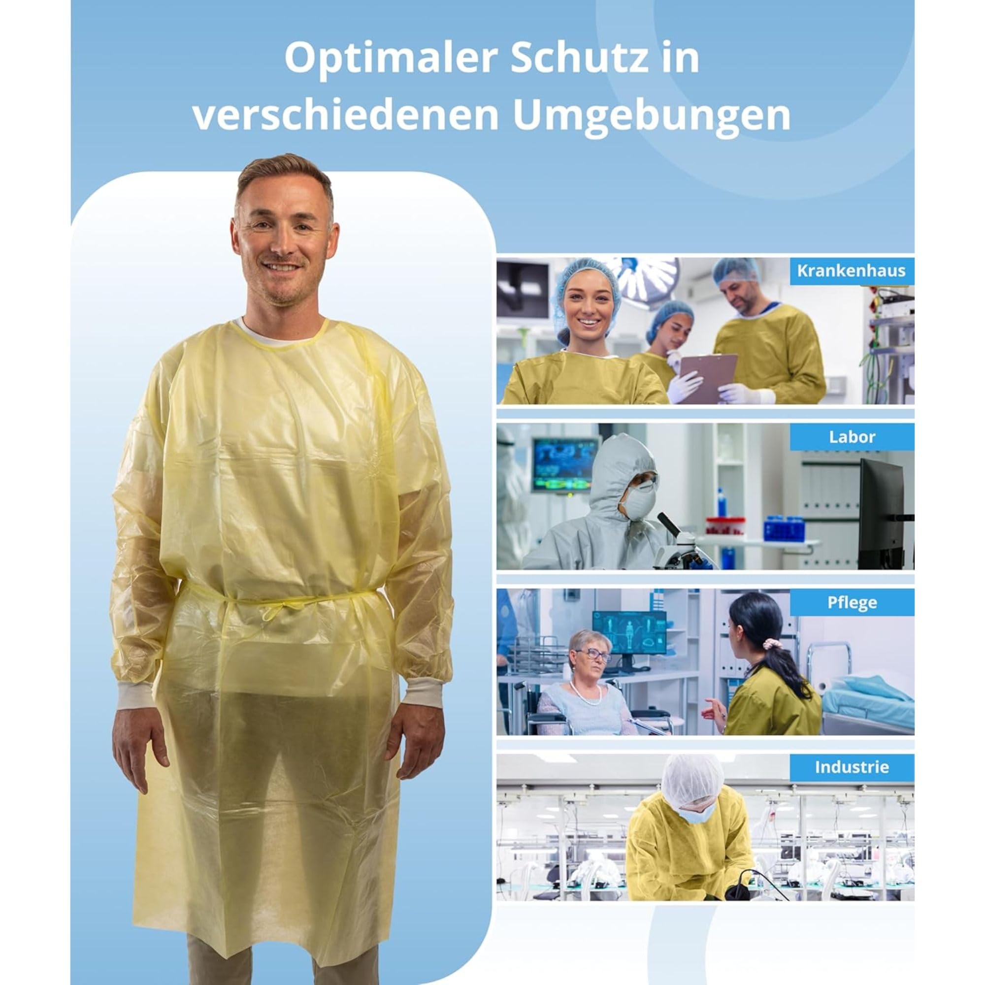 10St. | Gelb | Einweg PP+PE Schutzkittel Optimaler Schutz Einmal Kittel mit Strickbündchen & Klettverschluss – Premium OP Kittel (125x140cm)