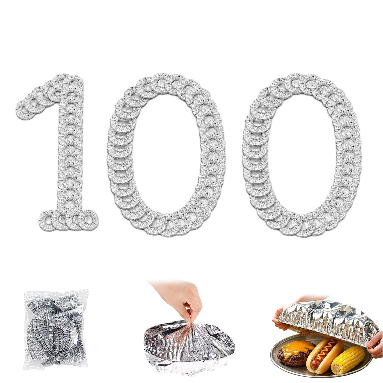 Reusable Aluminum Foil Food Covers, Aluminium Foil Covers for Food, Stretchy Foil Food Covers, Foil Food Covers Elasticated for Home Kitchen, Restaurants, Picnics, Fits (100pcs)
