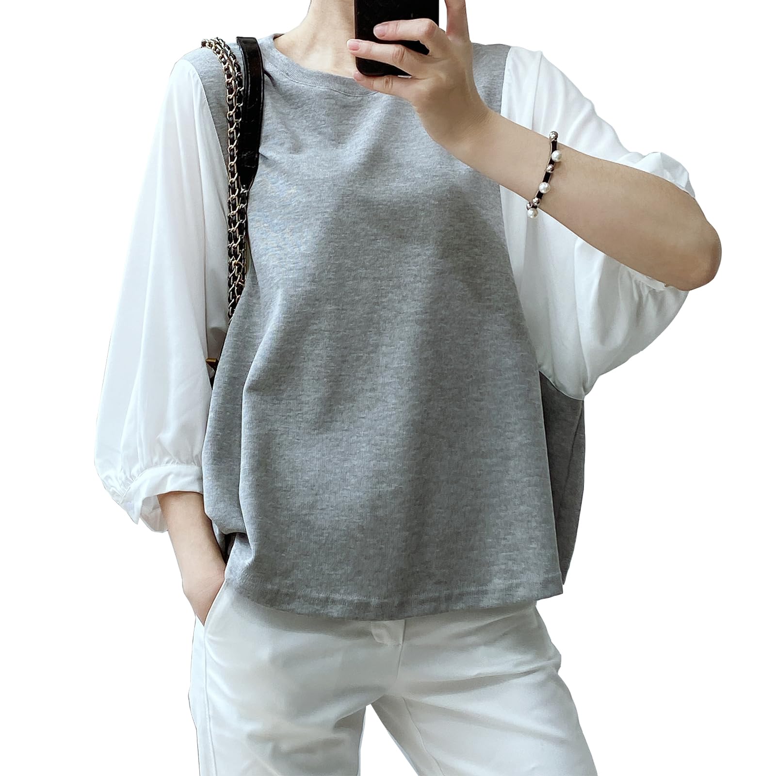 rokh】beige チェック デタッチャブル パフスリーブ シャツ