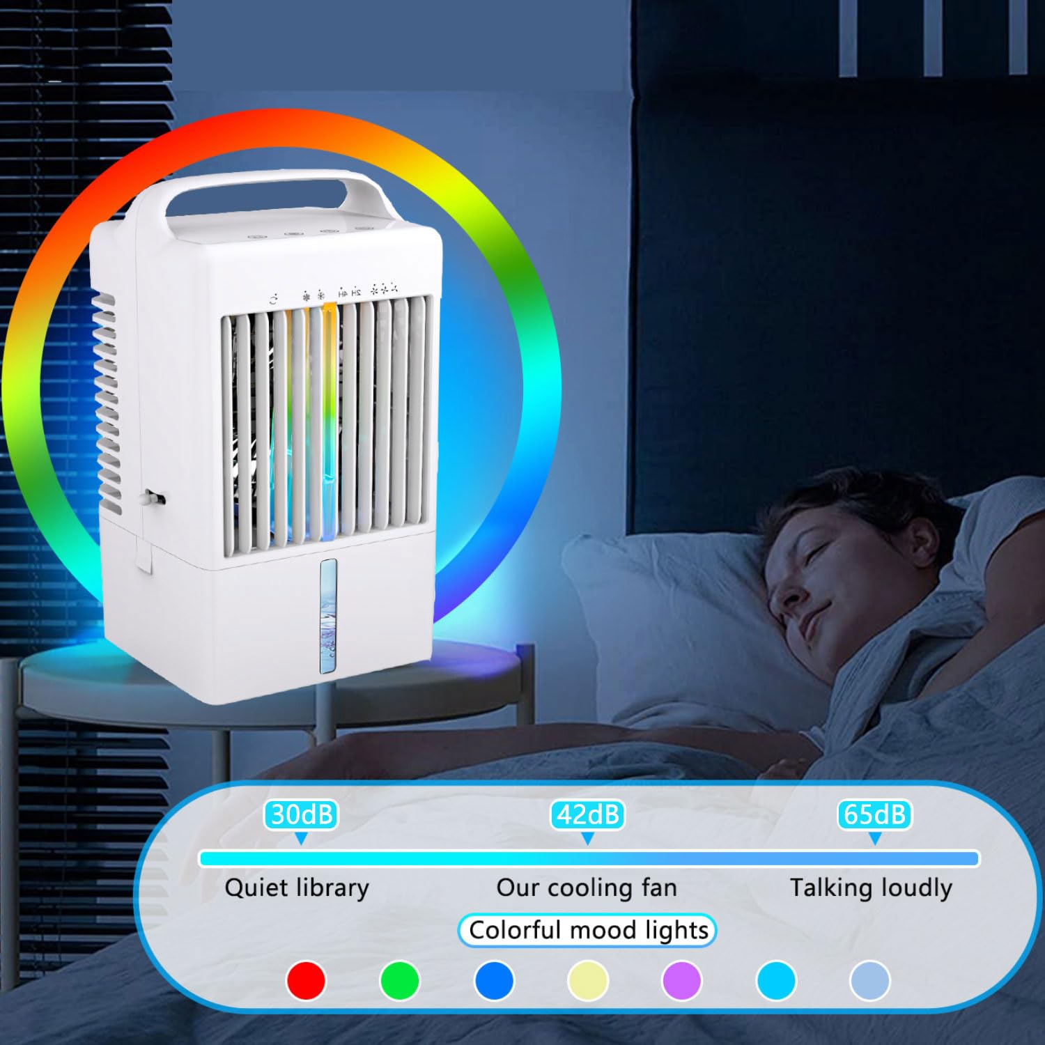 Condizionatore d'Aria Portatile, raffrescatore evaporativo Personale con 3 velocità del Vento, Serbatoio da 900 ml, 7 luci notturne, Timer 2-4 Ore, Touch Screen, Piccolo Ventilatore condizio