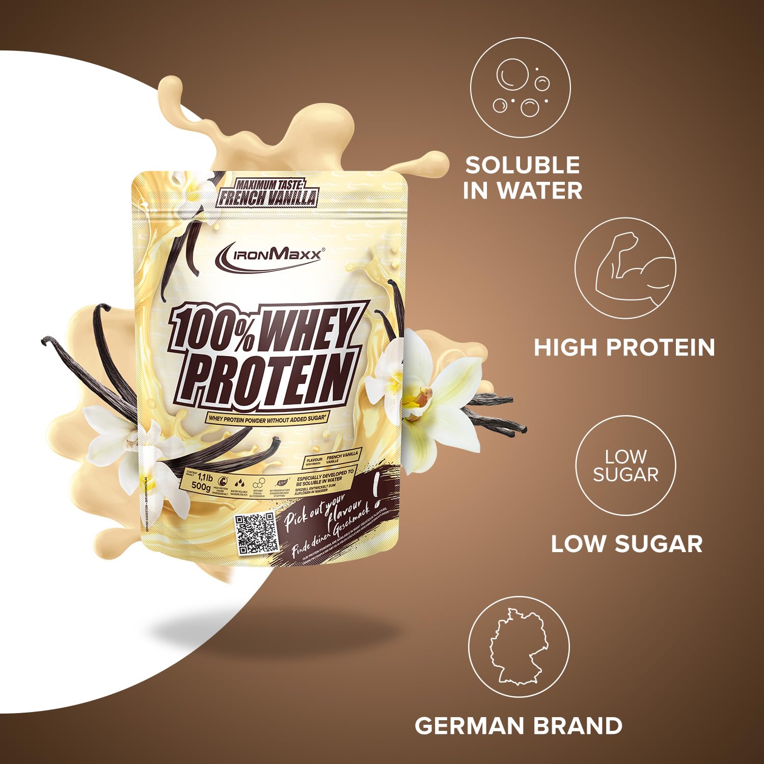 IronMaxx 100% Whey Protein Powder - French Vanilla 500g sobre | proteína de suero de leche en polvo soluble en agua y bajo en azúcar | muchos sabores diferentes