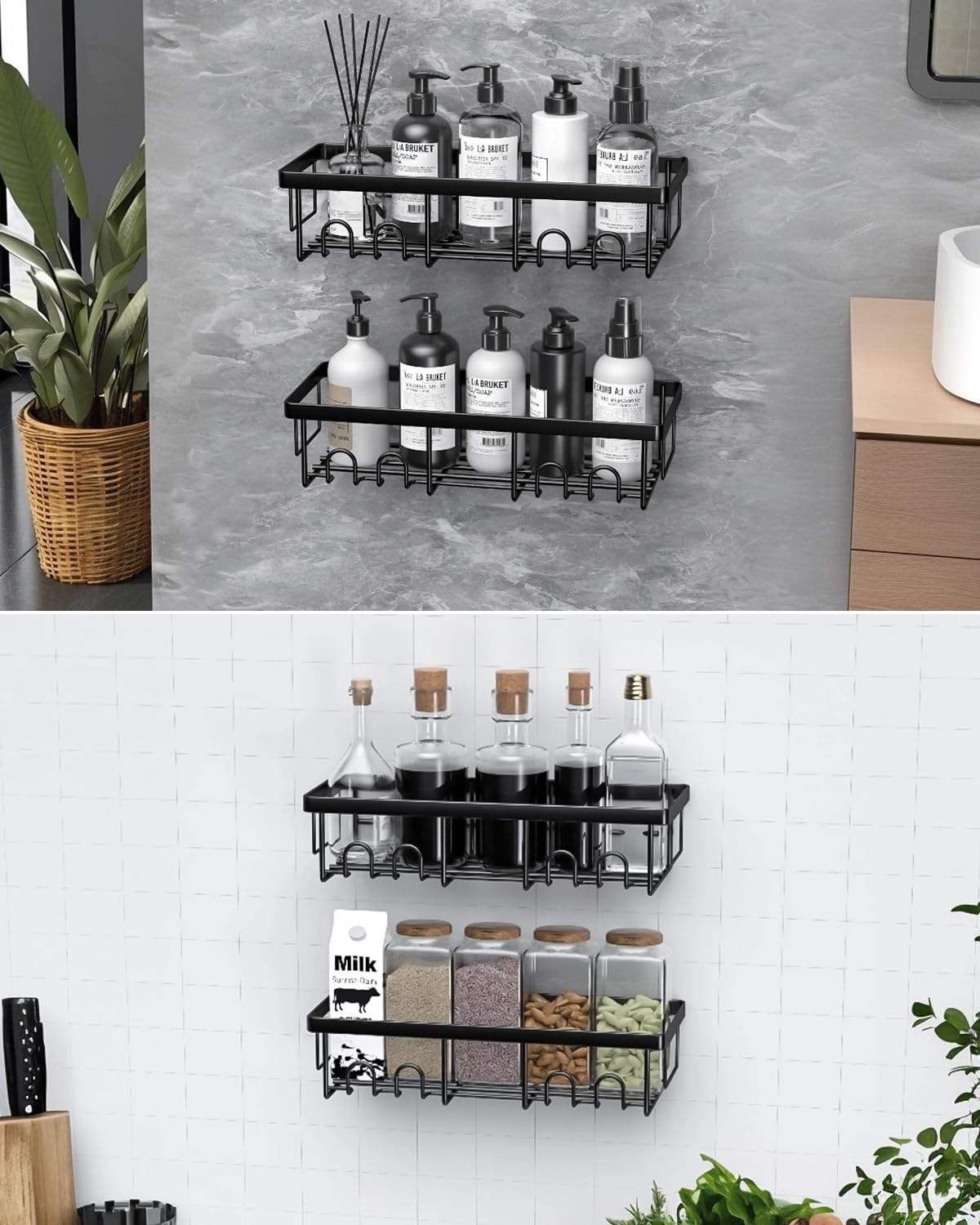 AceMining Estanteria Baño, 4 Pack Negro Organizador Pared, Estanteria Baño Ssin taladro Adhesivo, Estante Ducha Almacenaje con Gancho, Organizador Repisas