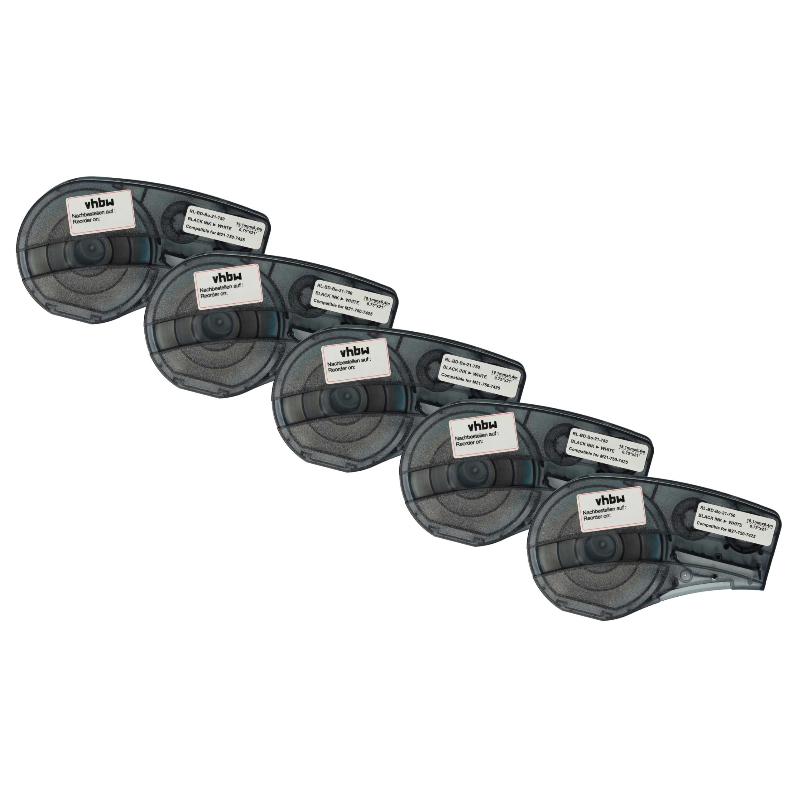 vhbw 5x Cassetta nastro compatibile con Brady M211 etichettatrice 6,4m x 19,05 mm nero su bianco, polipropilene