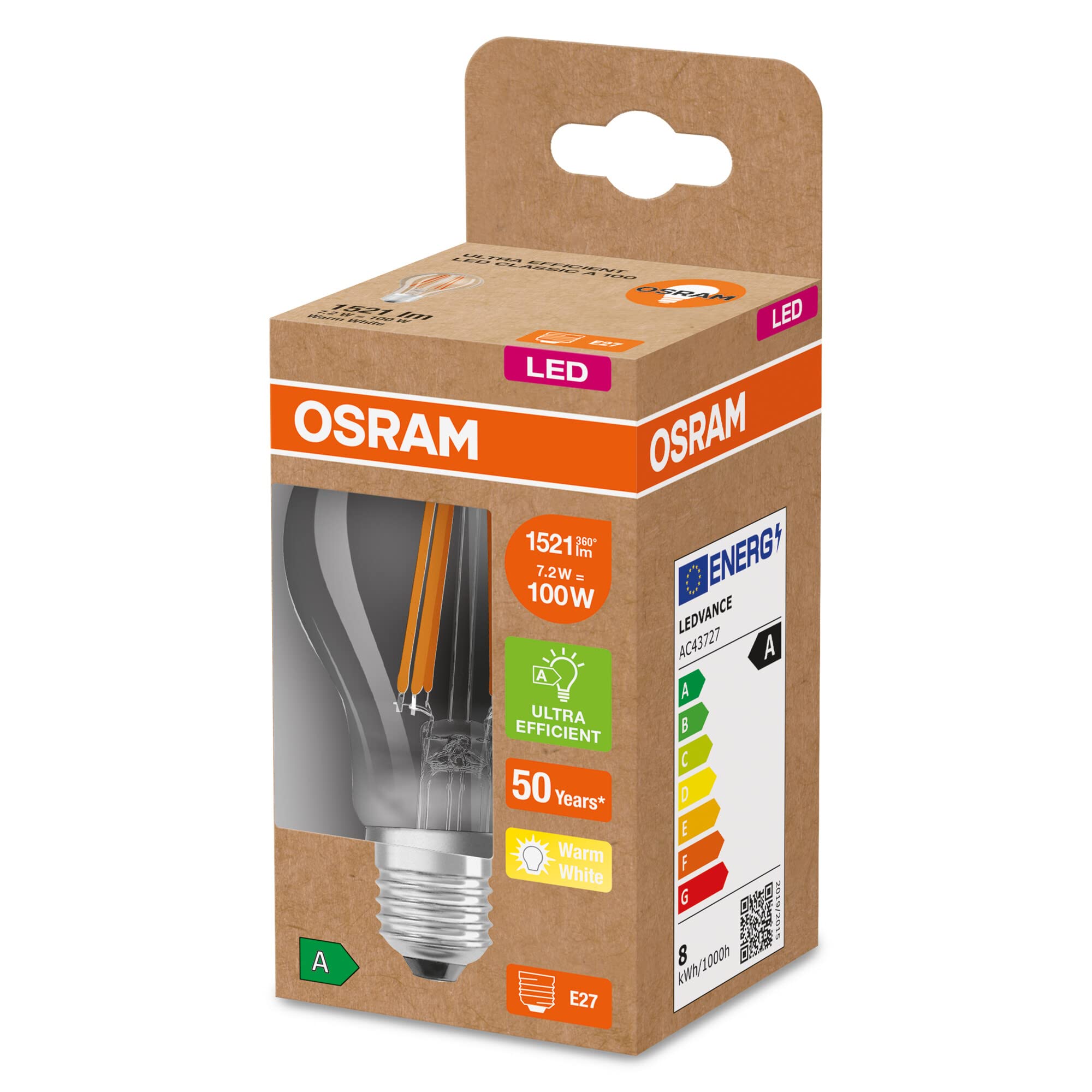 Osram LED Stromsparlampe, Filament Birne mit E27 Sockel, Warmweiß (3000K), 7,2 Watt, ersetzt herkömmliche 100W-Leuchtmittel, besonders hohe Energieeffizienz und stromsparend, 6er-Pack