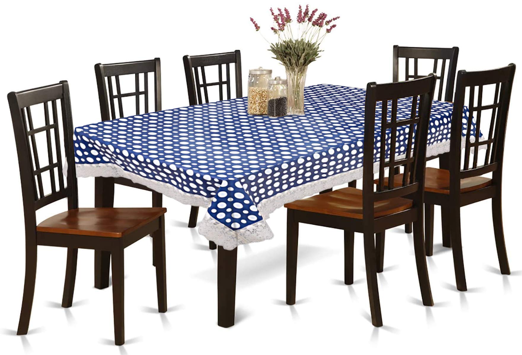 Amazon Brand - Solimo PVC Dining Tabe Cover, 90 x 60 inches, Polka, Blue-Polyvinyl Chloride,Rectangular,Pack of 1