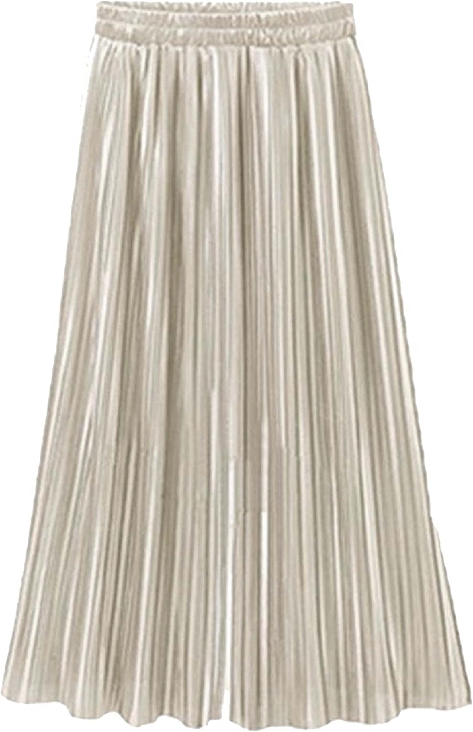 Spring and Autumn Simple Retro Women's High Waist Pleated A-line Midi Skirt (Apricot)