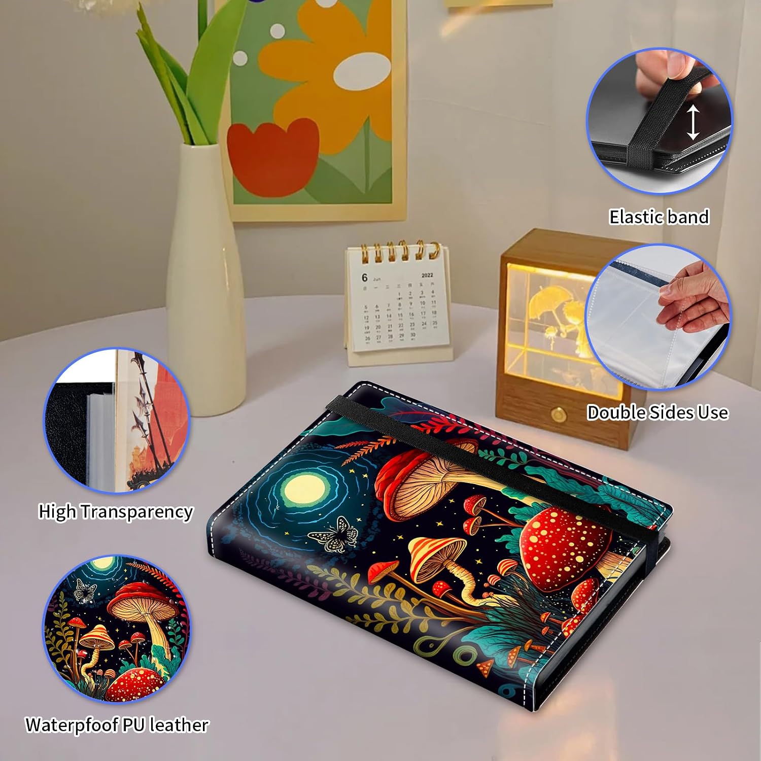 Small Photo Album 4x6 inch 120 Pockets Photos Pu Leather Cover Photo Albums With Elastic Band Design Cute Photo Album For Family Wedding Anniversary Travel - Mushroom Moon