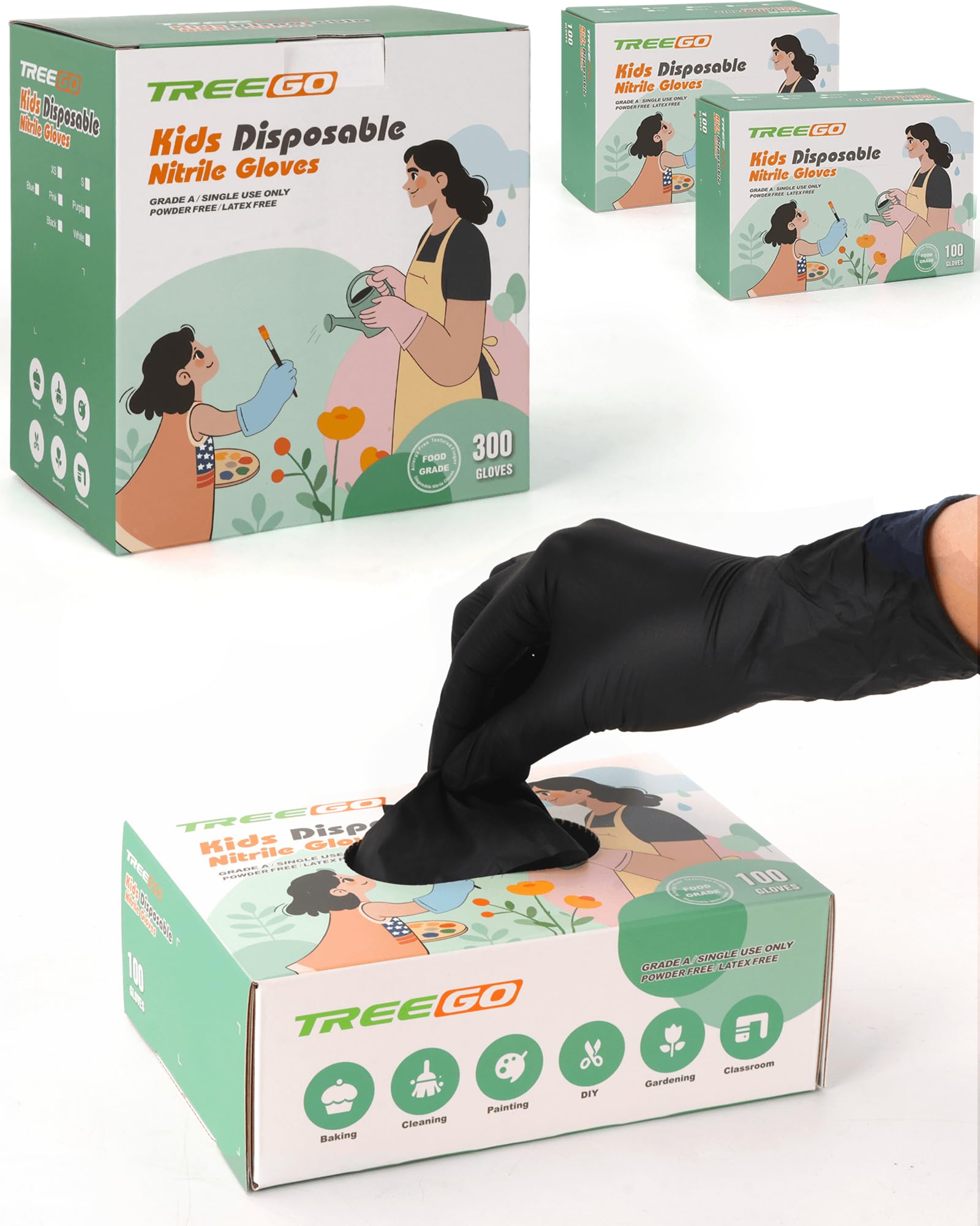 TREEGO Black Kids Nitrile Gloves, Latex Free, 5 Mil, XS, 300 Count