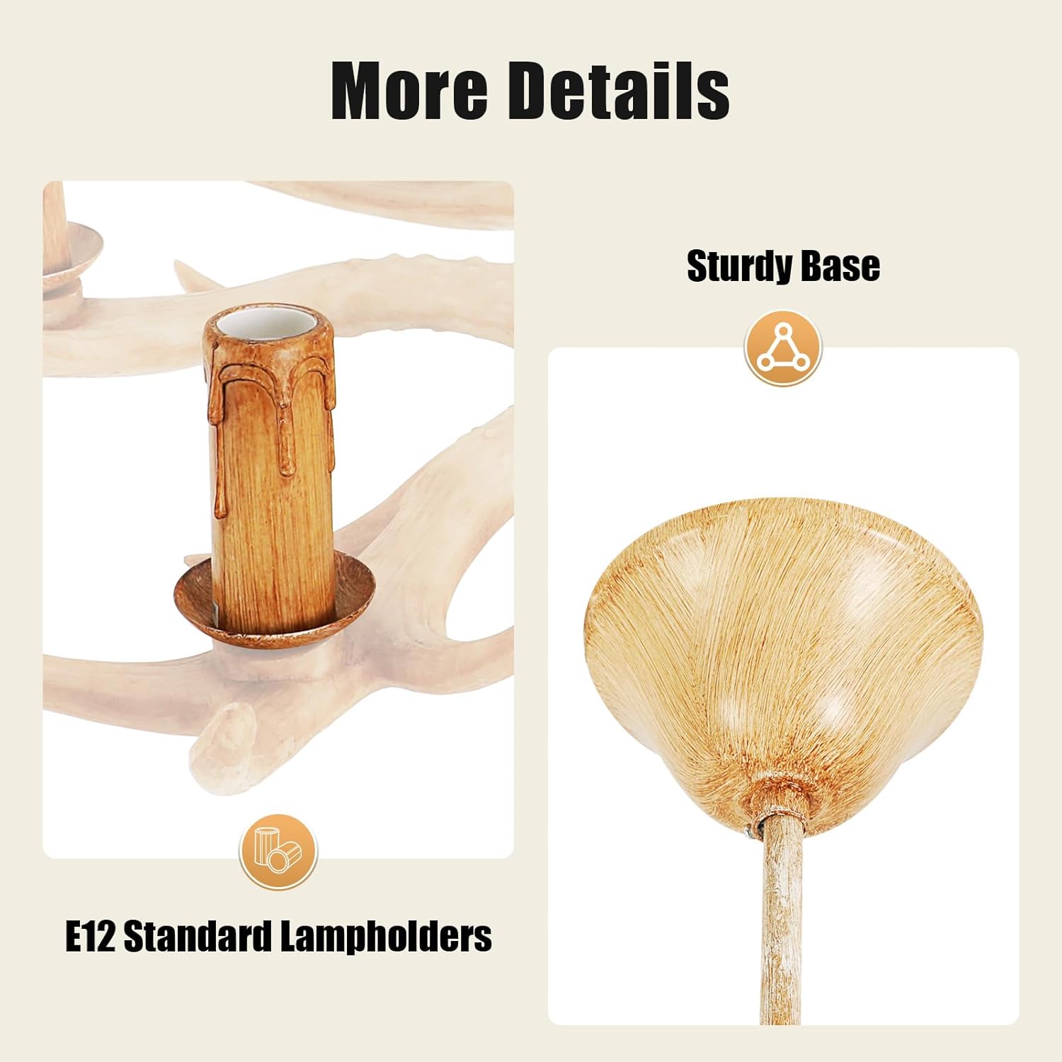 Antler Chandelier, 6-Lights Rustic Deer Horn Shape Chandelier with Resin Lamp Body & 6 Lamp Holders, 110V Vintage Pendant Light Ceiling Fixture for Living Room Bedroom Dining Room Kitchen