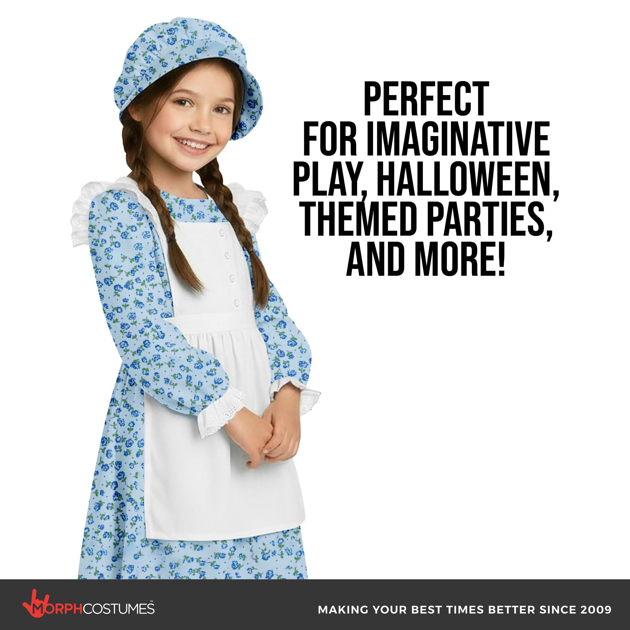Morph Blue Pilgrim Girl Costume, Pioneer Girl Dress, Colonial Costume Kids, World Book Day Costumes For Girls Pioneer 7-9 - Image 4