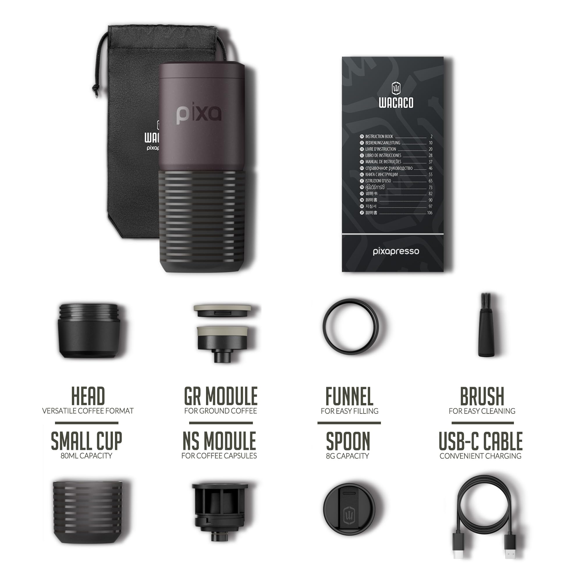 WACACO Kaffeemaschine Elektrisch Tragbar 20 Bar Espressomaschine 3000mAh Akku für Gemahlenen Kaffee NS Kapseln