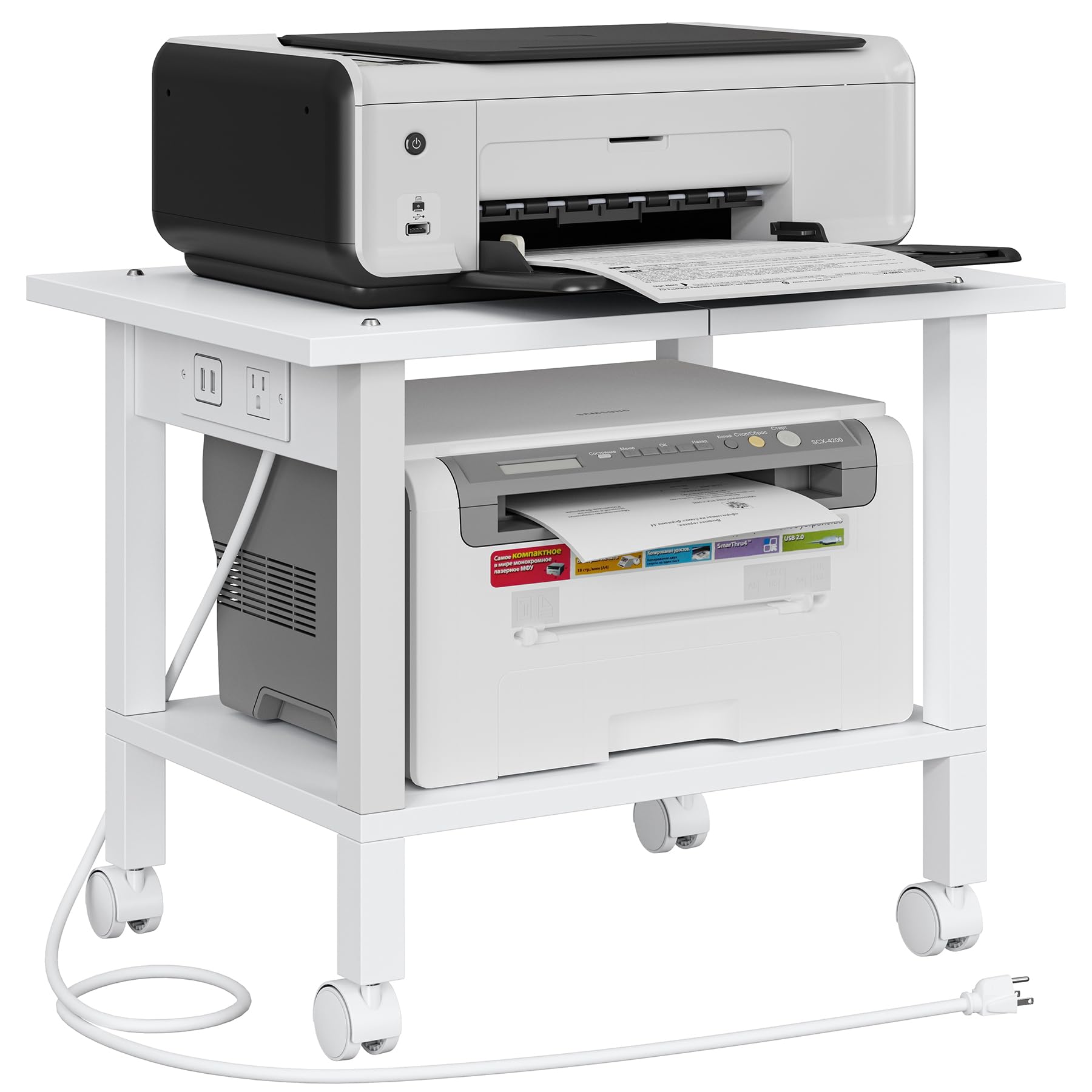 Photo 1 of TUTOTAK 2 Tier Printer Stand, Rolling Printer Cart with Power Outlets and USB Ports, Mobile Printer Table with Wheels, for Under Desk, Office, Home, White PS01BW001P