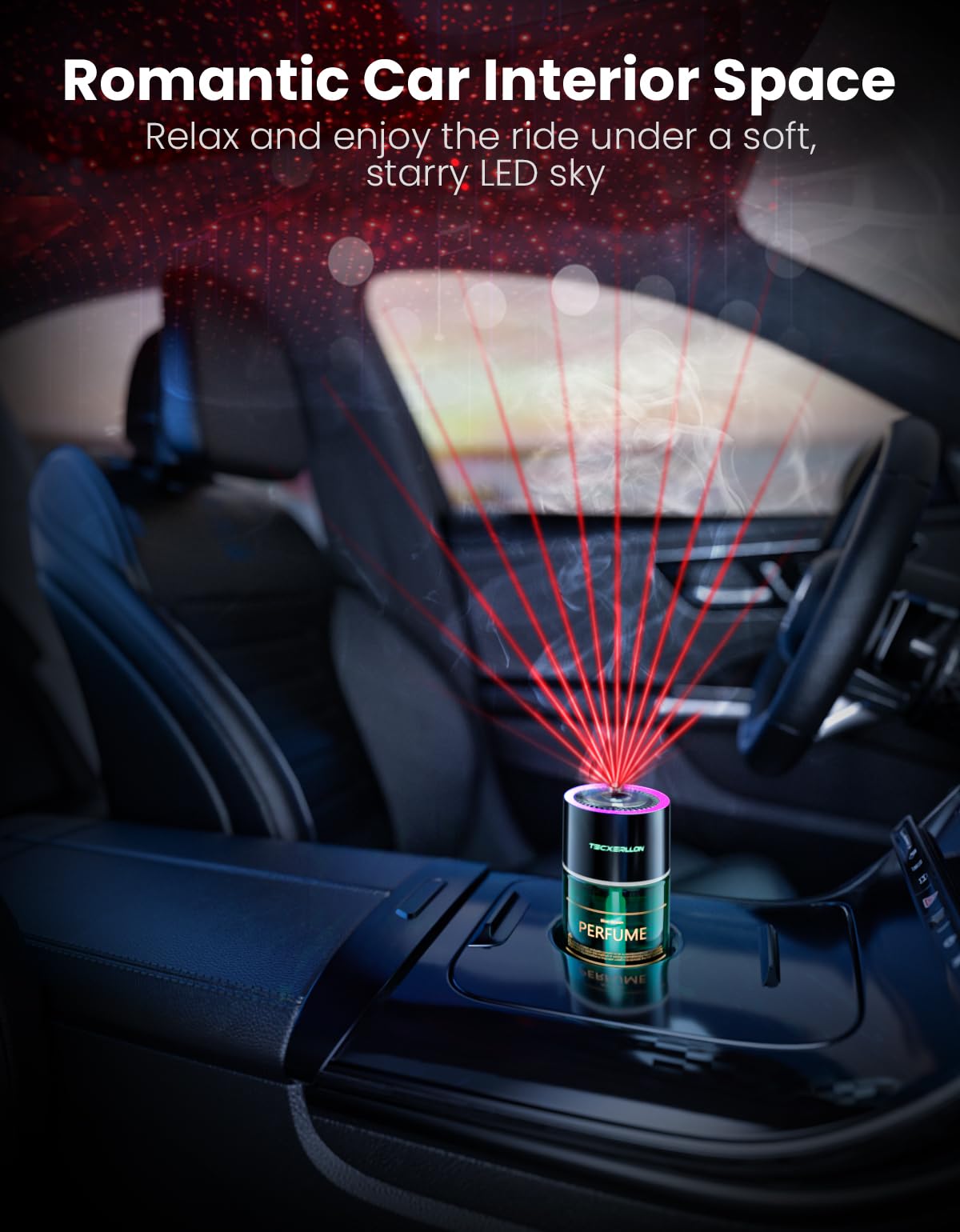TECXERLLON Diffuseur d'Air Voiture, Lumière Ambiante Étoilée RVB, 4 Modes Parfum, 120 Jours Autonomie, Charge USB-C Rapide, Marche/Arrêt Auto, Parfum Océan, 120ml