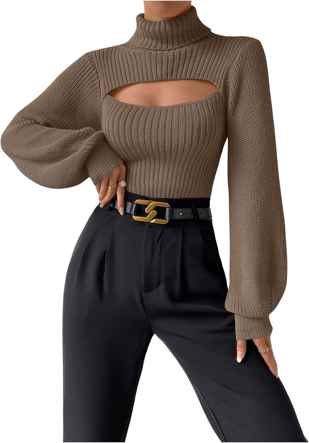 SHENHE Women's Cutout Turtleneck Sweaters Lantern Long Sleeve High Neck Knit Pullover Jumper Tops - Image 6