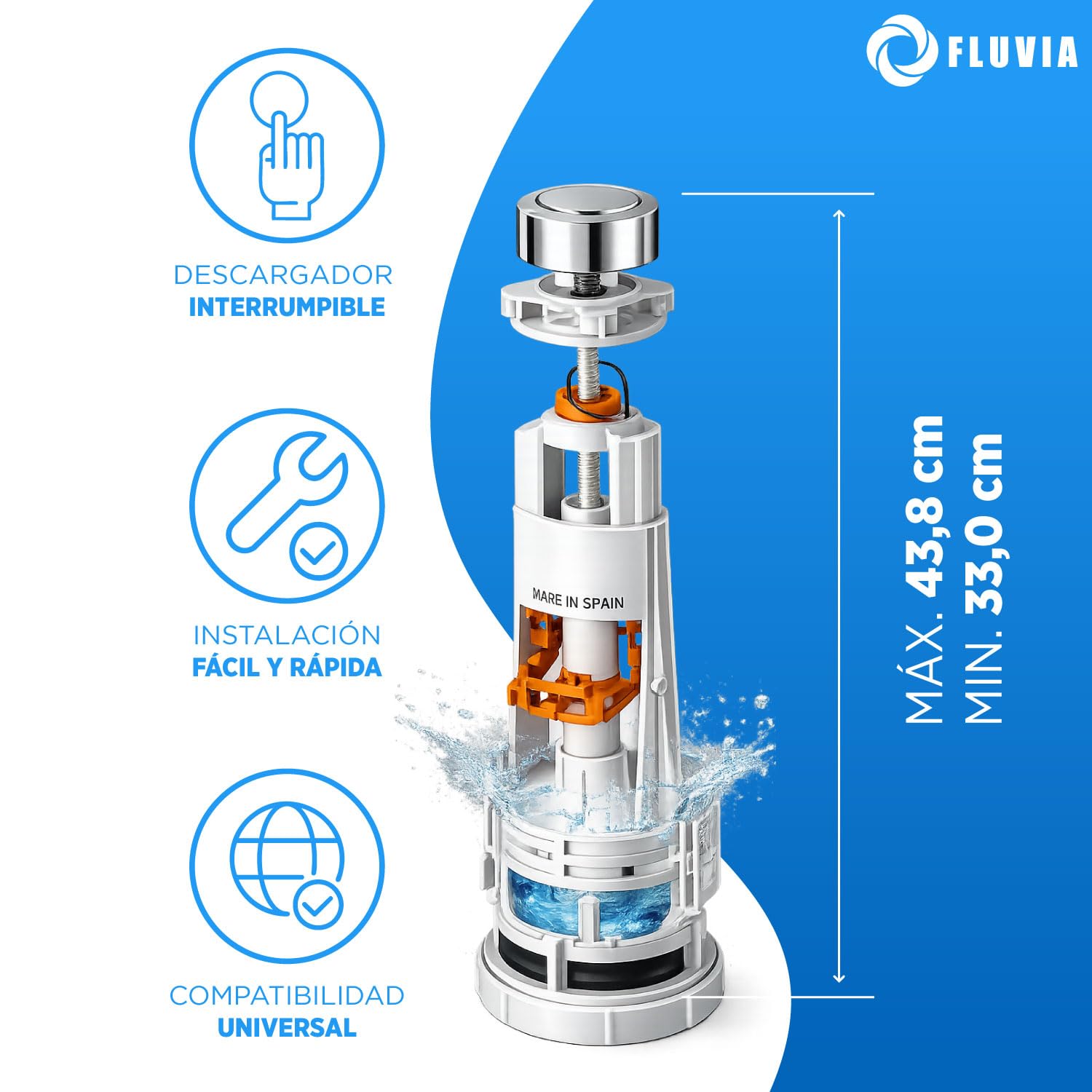 FLUVIA Déchargeur de chasse d'eau universel avec base et caoutchouc - Mécanisme WC interrompu, montage facile - Compatible avec les réservoirs à double chasse - Base filetée - Caoutchouc de fermeture