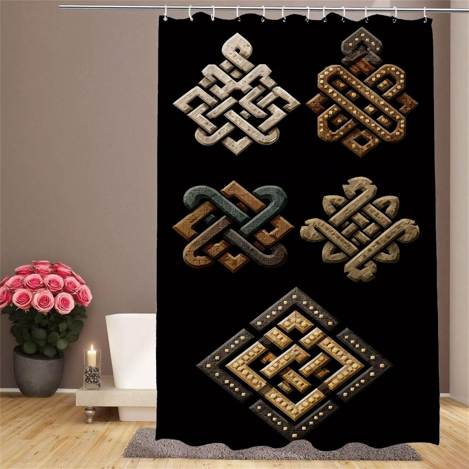 Rideau de douche noir 120x180 cm abstrait avec 12 crochets lavable en polyester