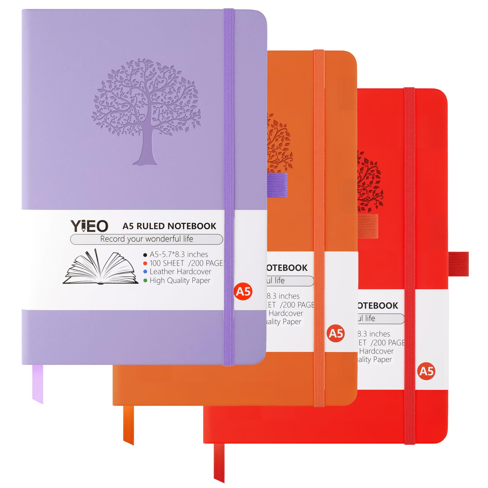 YIEO A5 Journal Notebook, 3 Pack Leather Notebook Journal for Men/Women, Hardback Note Book with 80GSM Lined Paper, No Bleed for Writing, Notepad for Office School Supplies (Purple, Red, Orange)