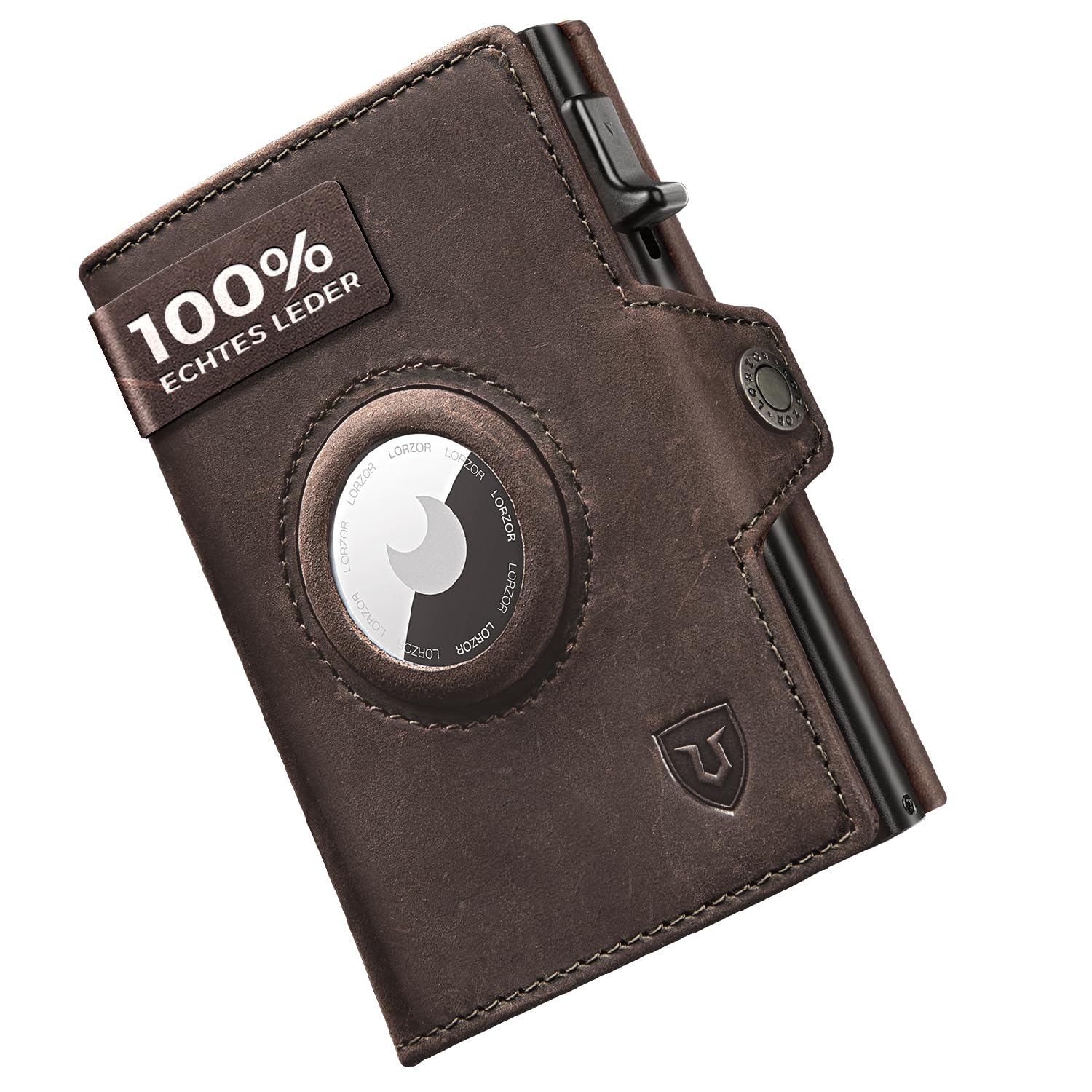 LORZOR® Airtag Wallet, Slim Wallet mit Münzfach, Portmonee Herren aus echtem Leder, RFID Blocker Portemonnaie, kartenetui Herren Platz für 10 Karten, Geldbeutel für Männer (Mahagoni braun)