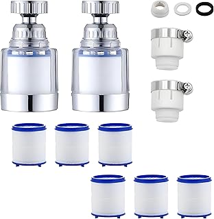 2 Stück Wasserhahn Filter,360° Wasserhahn Filter + 6 Stück PP-Baumwollfilterelement Wasserfilter Wasserhahn mit Austauschbar Filterelement, für Küche, Spüle, Badezimmer