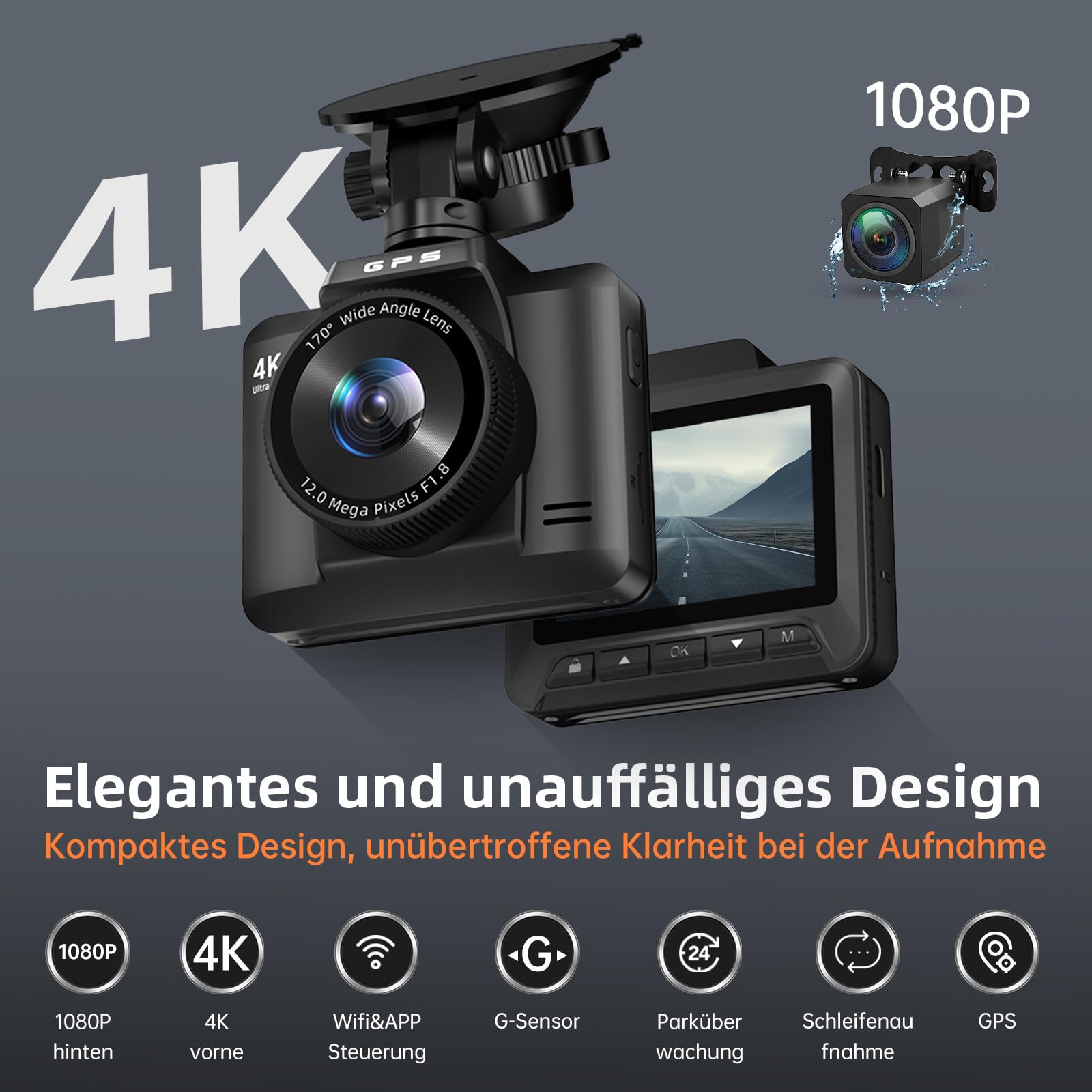 Dashcam Auto Vorne Hinten 4K+1080P, Dash Cam Auto mit GPS WiFi, Parküberwachung, Dual Autokamera mit 32GB Karte, 170° Weitwinkel, Super Nachtsicht, G-Sensor, Loop-Aufnahme, APP Steuerung, Max 256GB