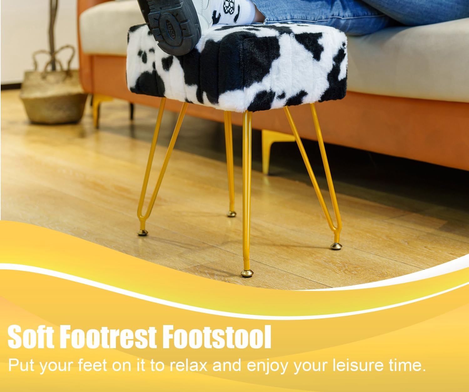 MOOWIND Vanity Stool Chair, Faux Fur Vanity Seat Ottoman, Soft Furry Makeup Stool, Compact Padded Seat, Modern Decorative Foot Rest with 4 Metal Legs for Makeup, Bedroom,Side Table End Table Milky