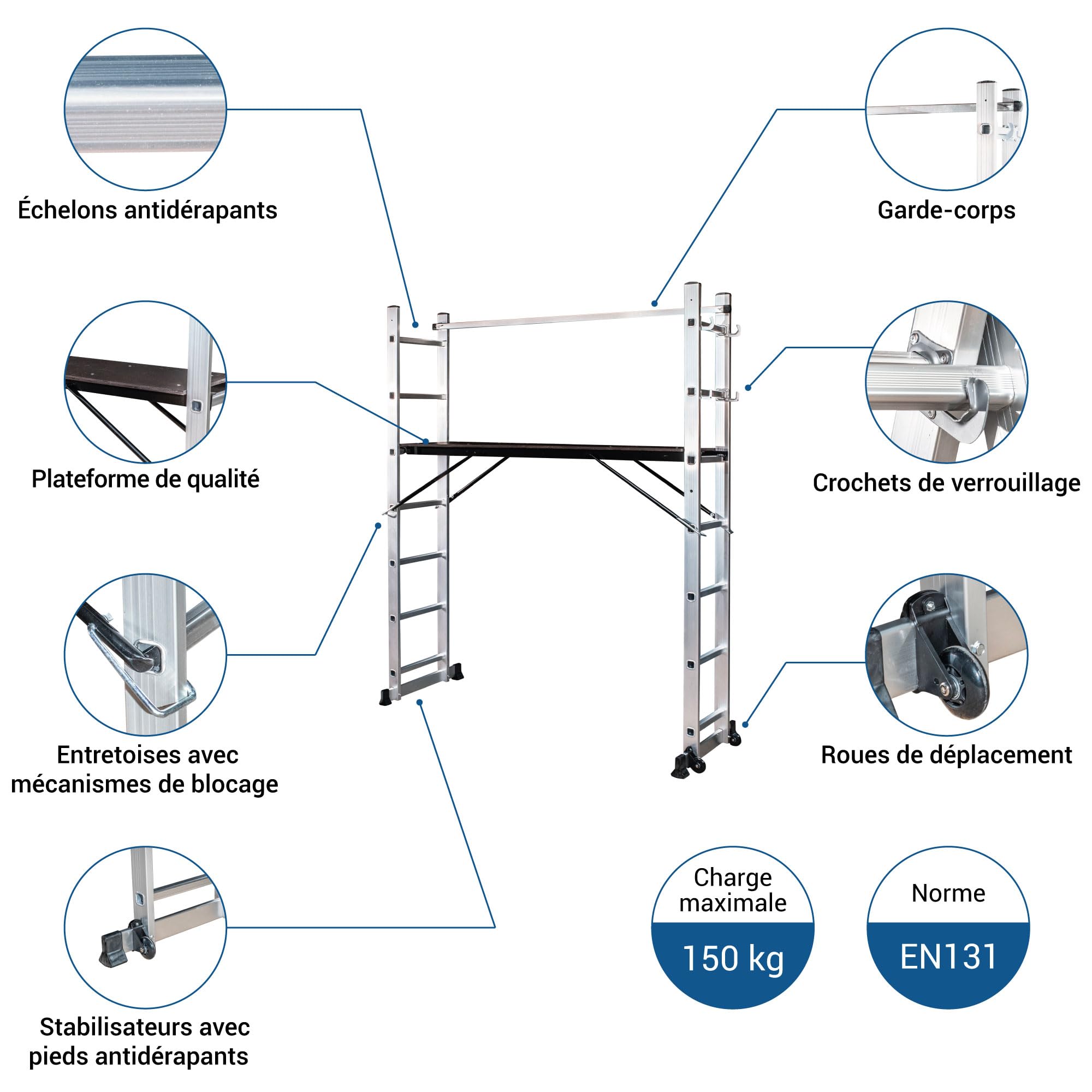 HOSTRÖM Echafaudage Roulant SCAFFOLDAX2X7, échafaudage Jardin et Pliant Multifonction 4 en 1, echelle 2 Plans, H Max Travail 4,74m, Garantie 5 Ans