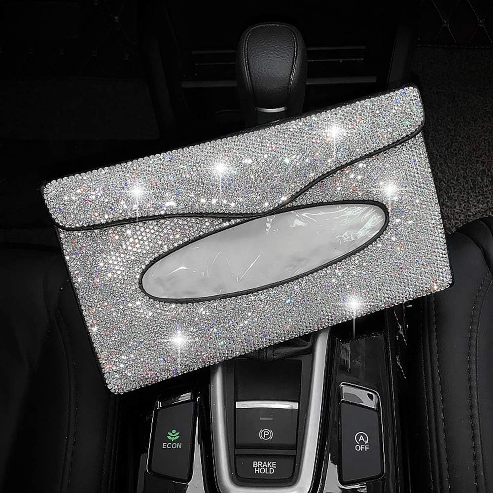 U&M Bling Bling Car Sun Visor Tissue Box Holder Pure Hand-Made Sparkling Crystal Auto Napkin Holder PU Leather Backseat Tissue Case for Women