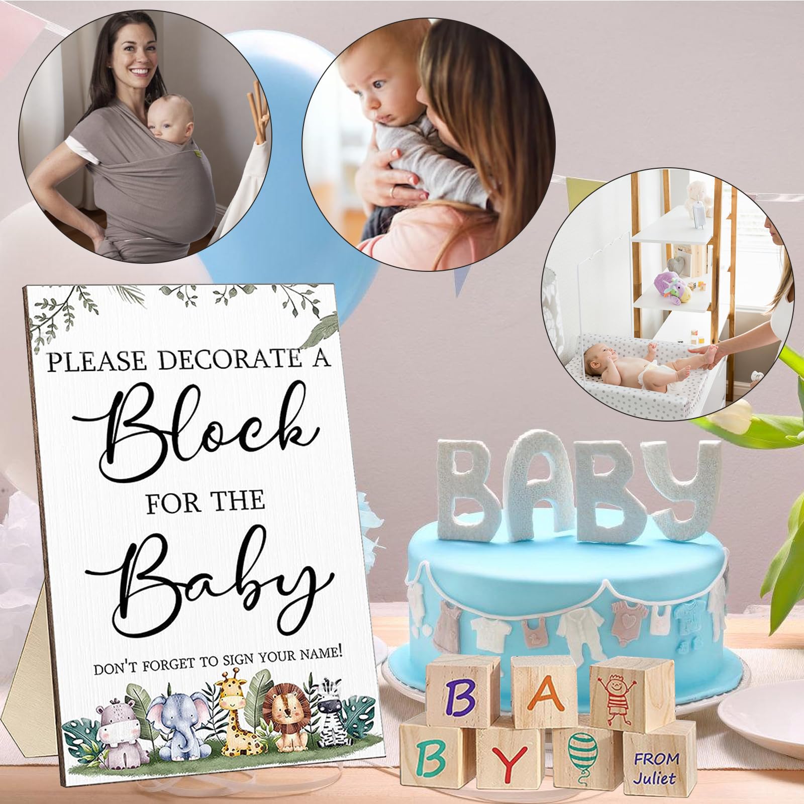 Kit de jeux pour baby shower, ensemble de 75 pièces comprenant 50 cubes en bois, 24 marqueurs, 1 panneau de jeu et des blocs à sculpter pour des activités manuelles (peinture, loisirs créatifs)