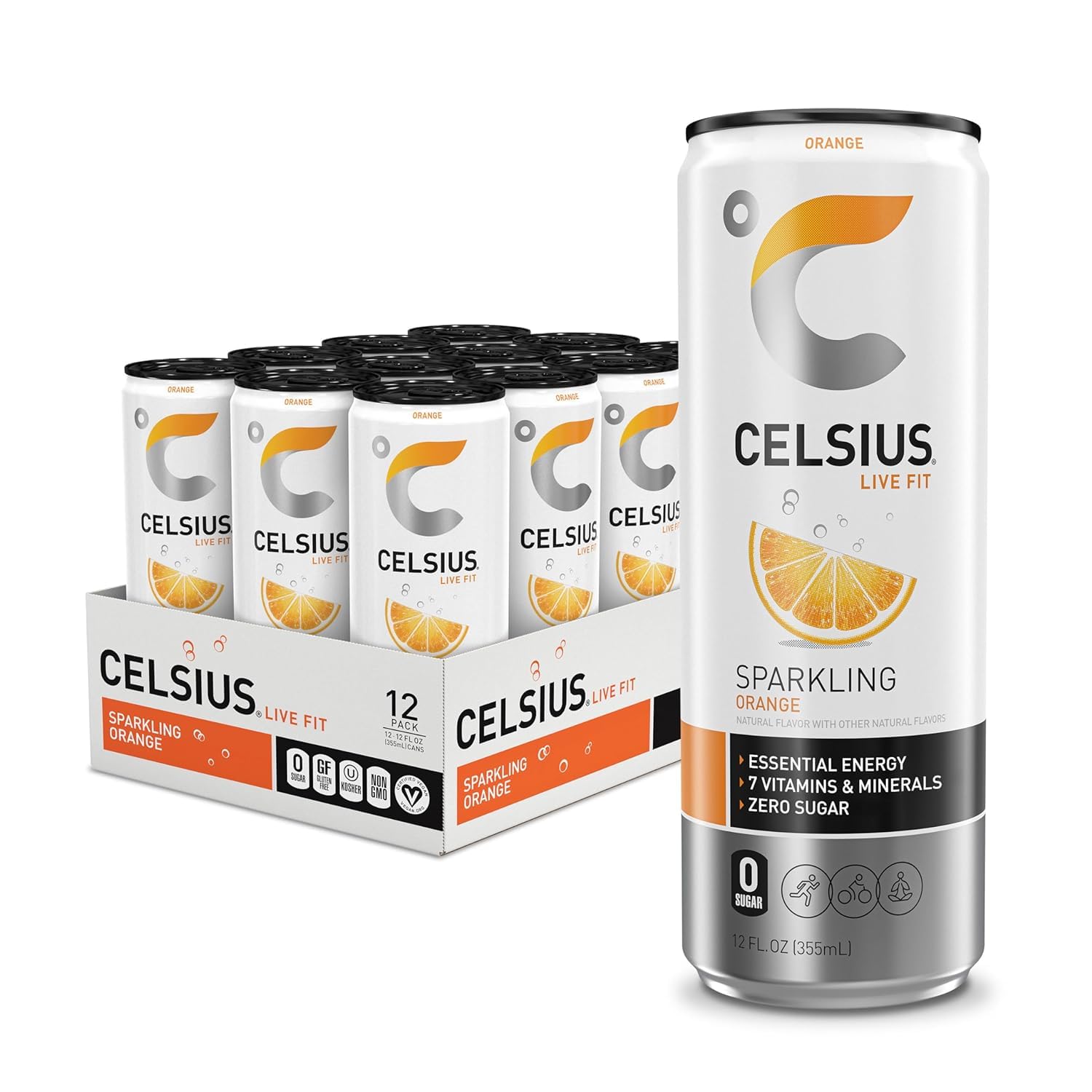 Weinner CELSIUS Sparkling Orange Functional Essential Energy Drink, 12 Fl Oz (Pack of 12)