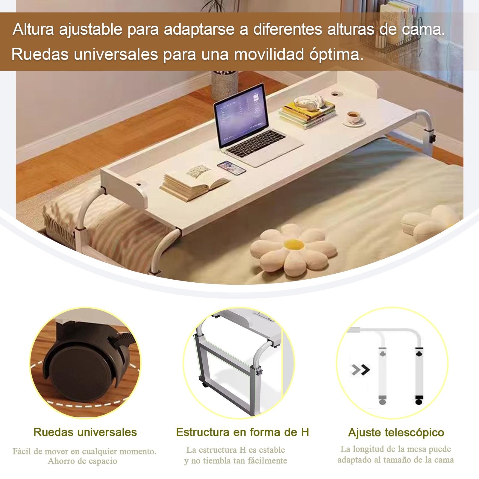 Genérico Mesa De Cama Móvil, Mesa Sobre Cama Con Ruedas, Marco De Acero Engrosado, Ajustable Hacia Arriba Y Hacia Abajo, Con Esquinas Redondeadas Para Evitar Golpes.120*45*65cm(Color: blanco)