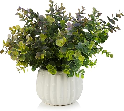 ENOVA FLORAL Plantas en maceta, decoración artificial, plantas de eucalipto artificiales en macetas de cerámica blanca, pequeñas plantas falsas en