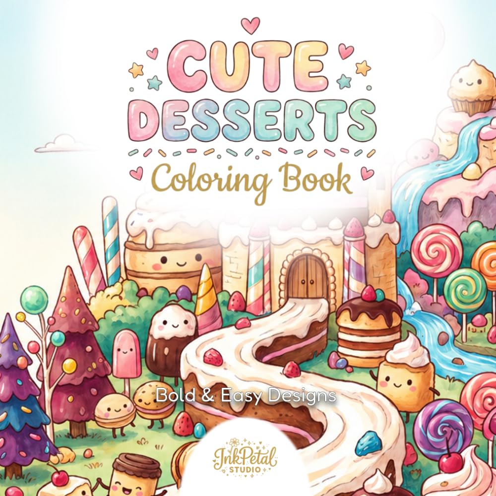 Cute Desserts Coloring Book for Adults and Kids: Bold and Easy Cakes, Pies and Sweet Treats for Relaxation