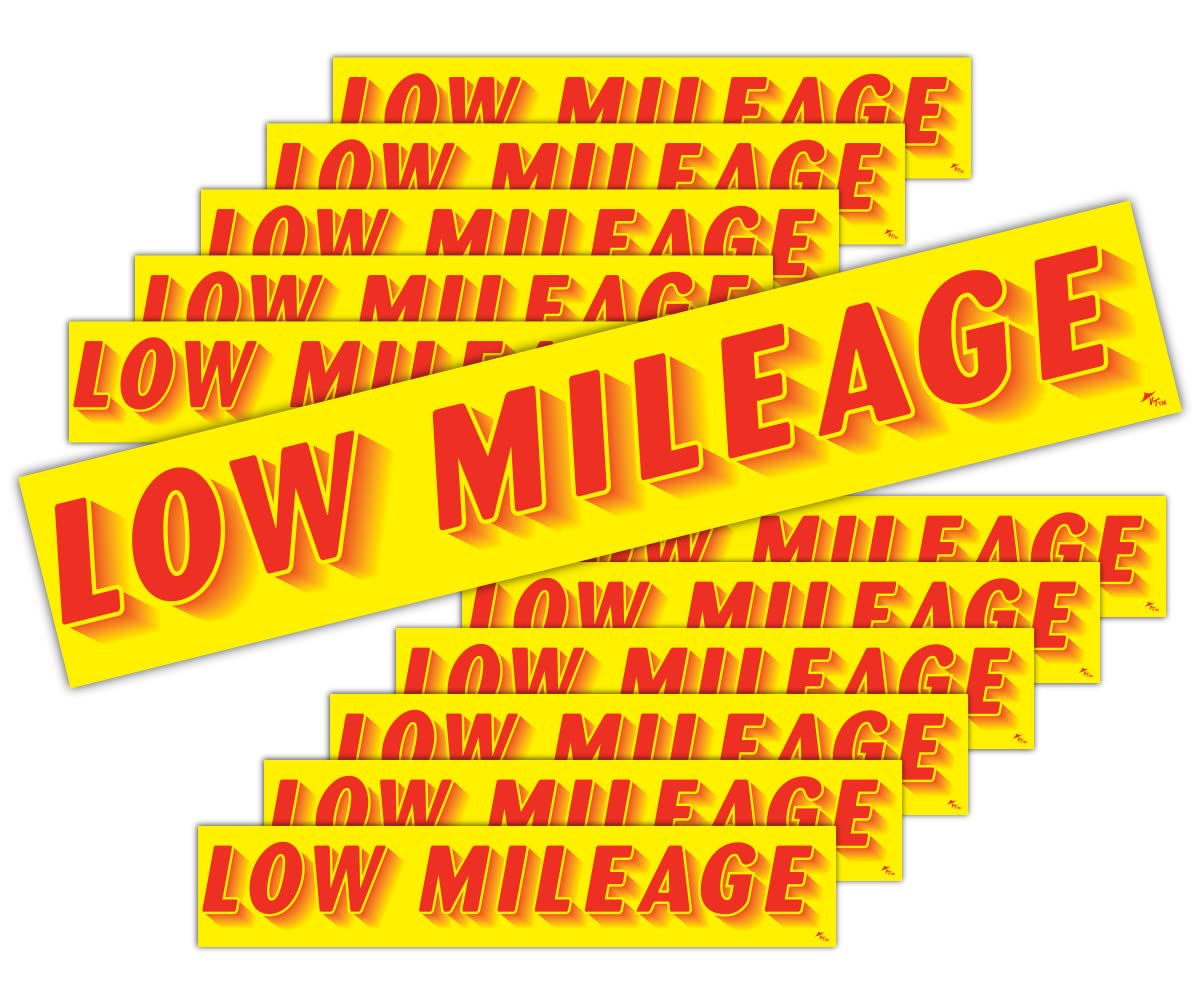 Versa Tags Dealership Stickers 12 Pack of Low Mileage Car Lot Windshield Slogan Decals RV Truck Auto Dealer Window for Sale Stickers Red On Yellow