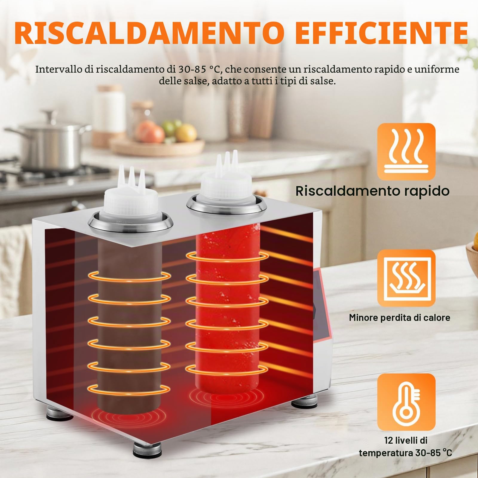 YUCHENGTECH Scalda Salsa Elettrico con 2 Bottiglie Temperatura 30-85 °C | Distributore di Salse in Acciaio Inox Scalda-salse Commerciale per Cioccolato, Formaggio, Ketchup e Caramello 320W
