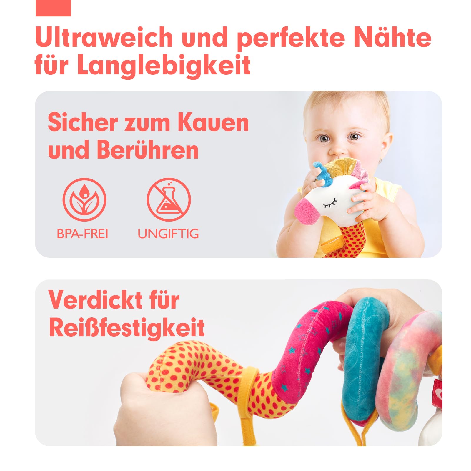 hahaland Kinderwagen Spielzeug, Kinderwagenkette mit Einhorn Mustern, Activity Spirale Spielzeug für Bett, Babyschale Spielzeug,Autositz,Plüsch Baby Spielzeug für ab 0 Monate Junge Mädchen