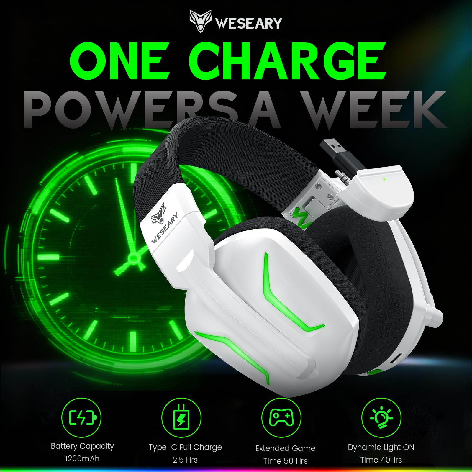 WESEARY WG1 Wireless Gaming Headset für Xbox Series X/S, Xbox One, PC, PS5, PS4, Switch, Mac, 2,4GHz Wireless & Bluetooth Headset mit Mikrofon, Low Latency, Noise Cancelling, LED Light, 50h Akku