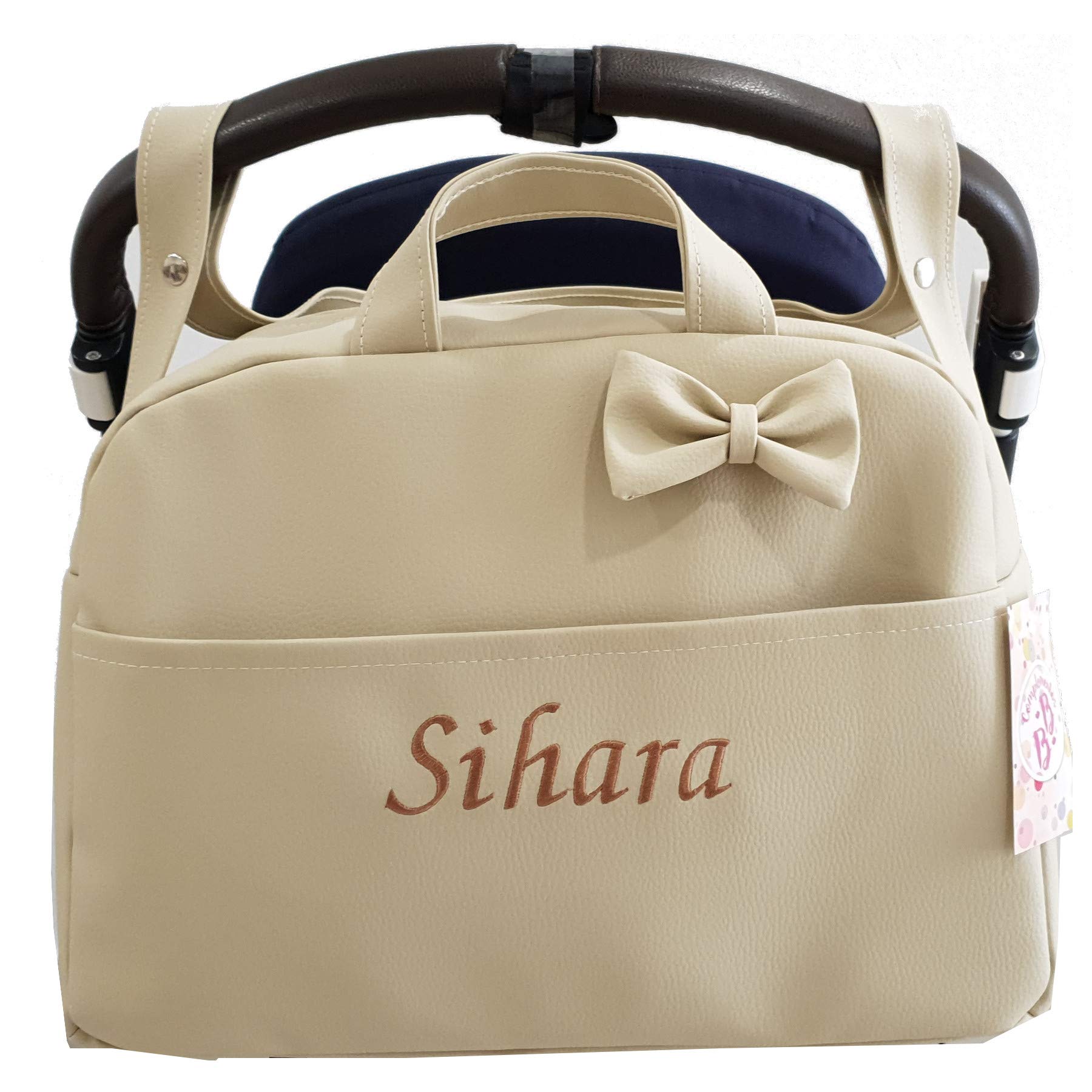mibebestore - Bolso Polipiel Carrito Bebe Personalizado con nombre bordado BEIGE/CAMEL - Nombre bordado