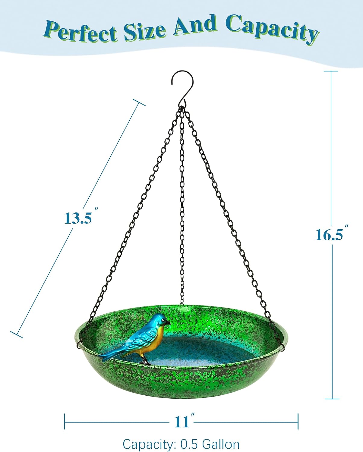 Hanging Bird Bath for Outside, 11" Green/Blue Metal Birdbath & Feeder Bowl