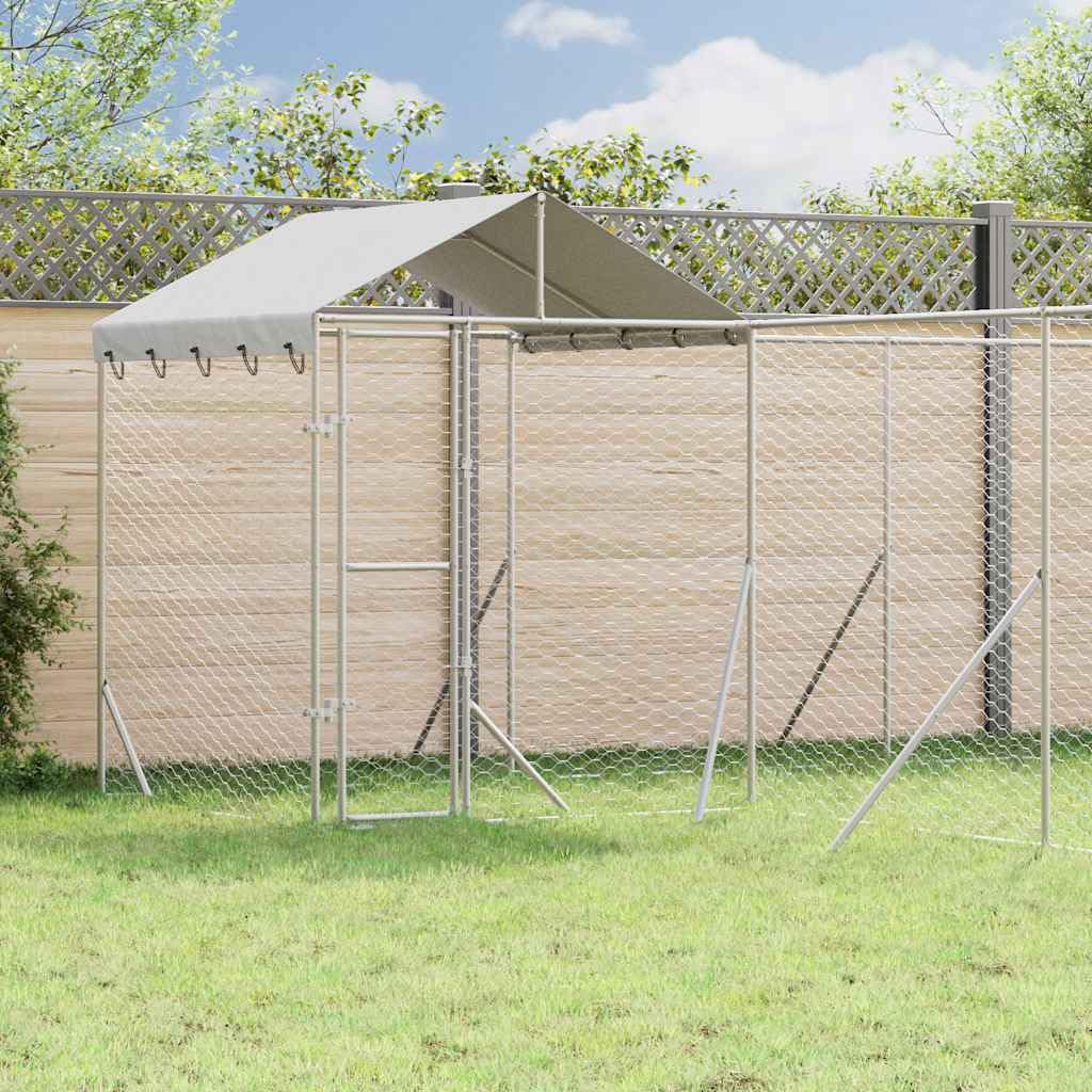 Perrera para perros al aire libre con techo de acero galvanizado plateado, 6 x 6 x 2,5 m, gran caño con puerta, protección de seguridad, recinto para perros, cachorros, entrenamiento, jardín