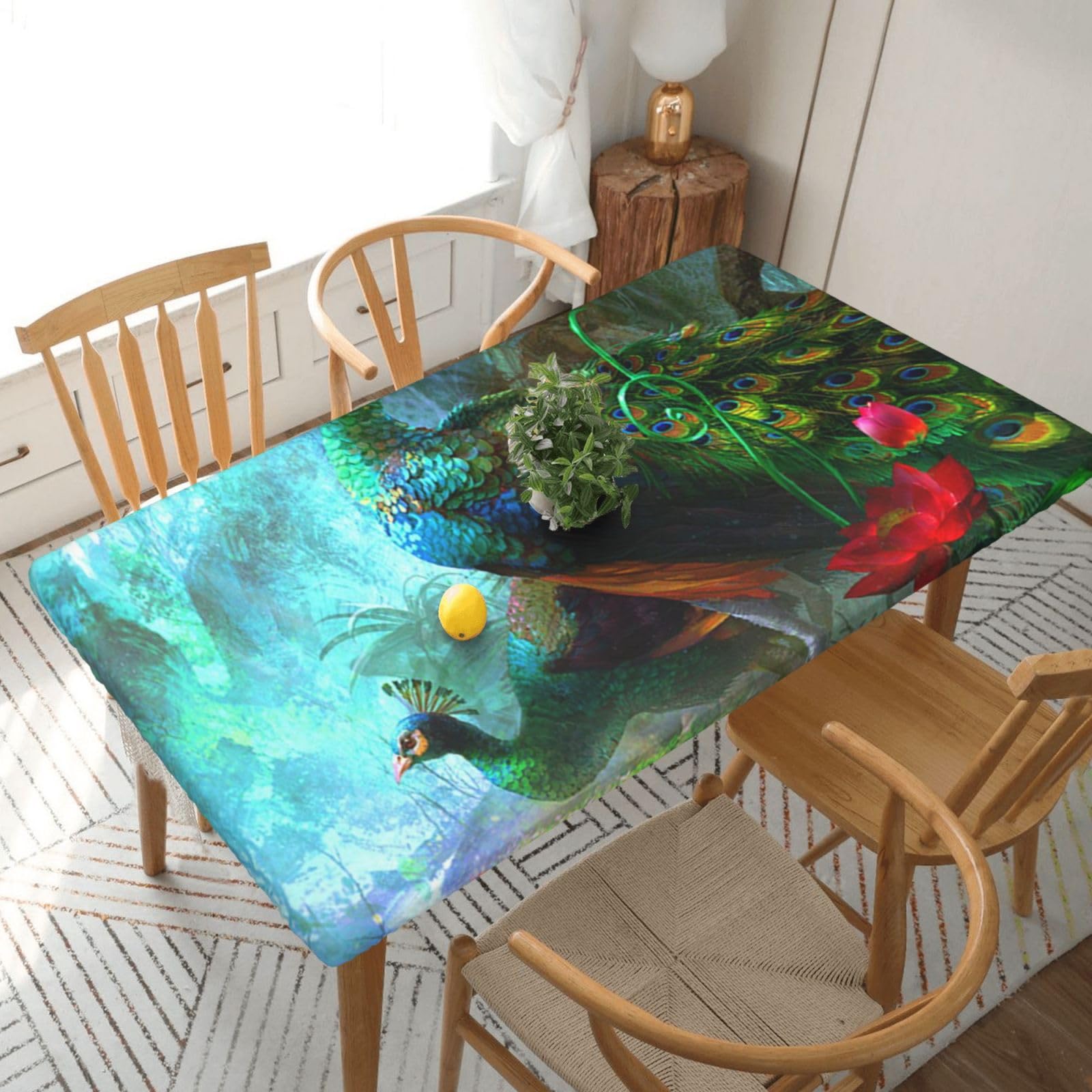 DCEHGEW Elastic Fitted Rectangle Tablecloth for 5ft Tables, Colorful Peacock Printed Oilproof & Washable Fabric Picnic Table Cloth Table Covers