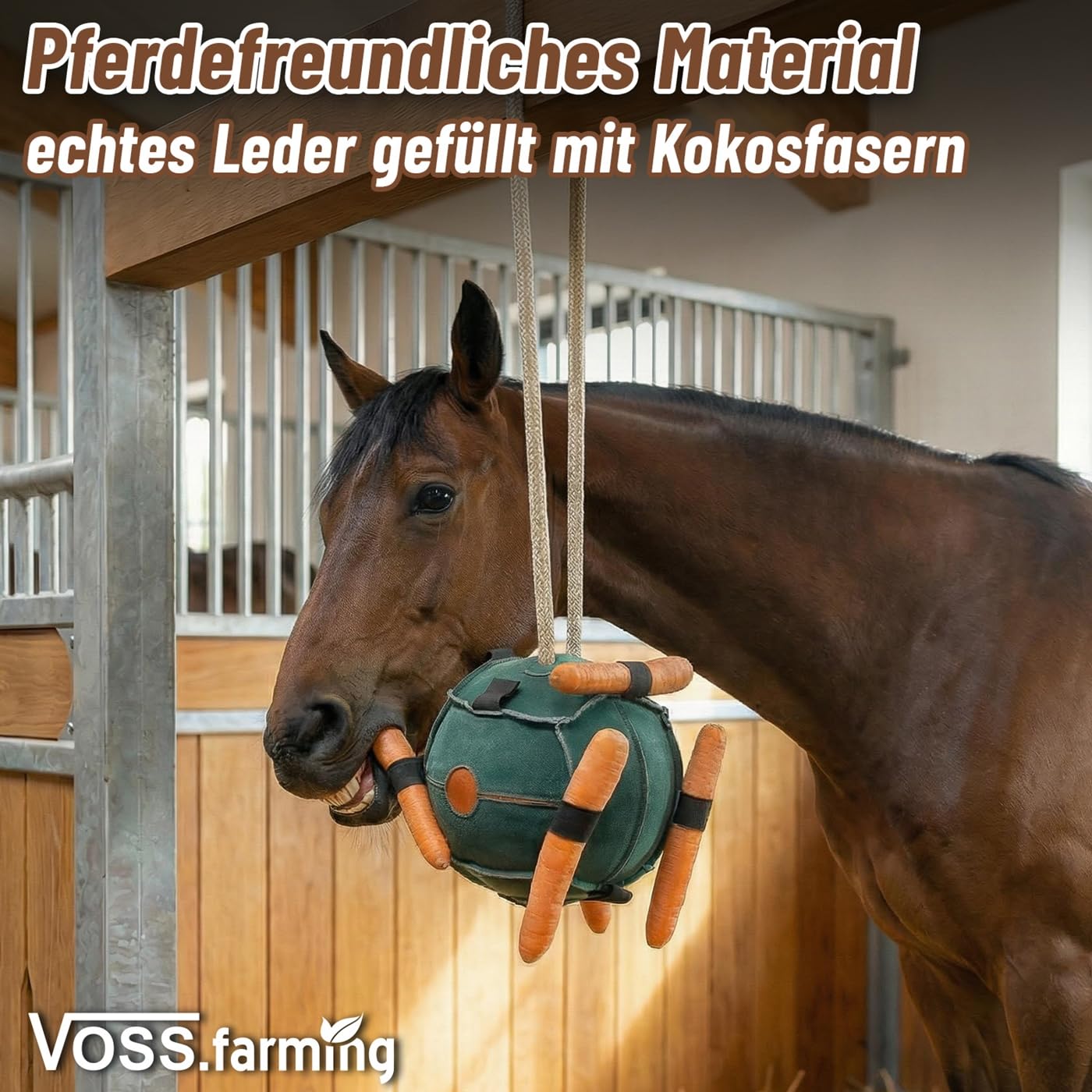 VOSS.farming 3X Pferdespielzeug Möhrenball Ø 22cm aus Leder mit Kokosfüllung für 12 Möhren