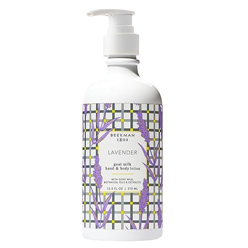 Beekman 1802 Loción corporal de leche de cabra, lavanda, perfumada, 12.5 onzas, hidratante e hidratante con manteca de karité, para pieles