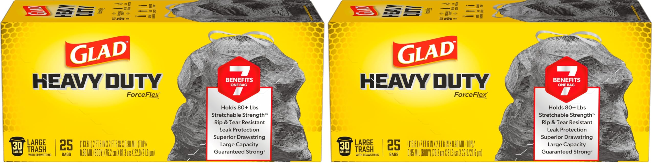 Glad ForceFlex Heavy Duty Large Trash Bags, Hold 80+ lb, 30 Gal, 25 Count, (Pack of 2), (Package May Vary)