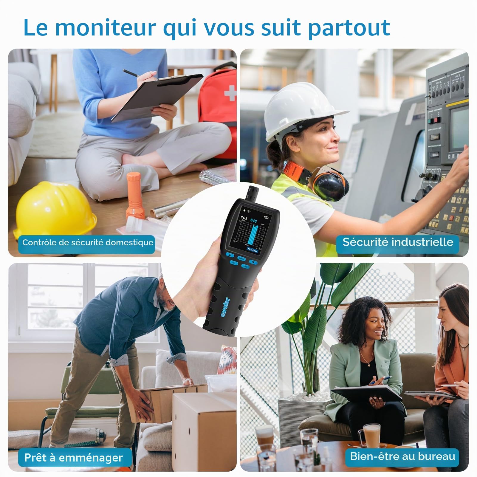 Upgraded CF‑60 PP SMART Moniteur professionnel de qualité de l'air, graphiques à l'écran sur 12 heures et rapport CSV pour la maison, le bureau, le laboratoire et la prévention des moisissures