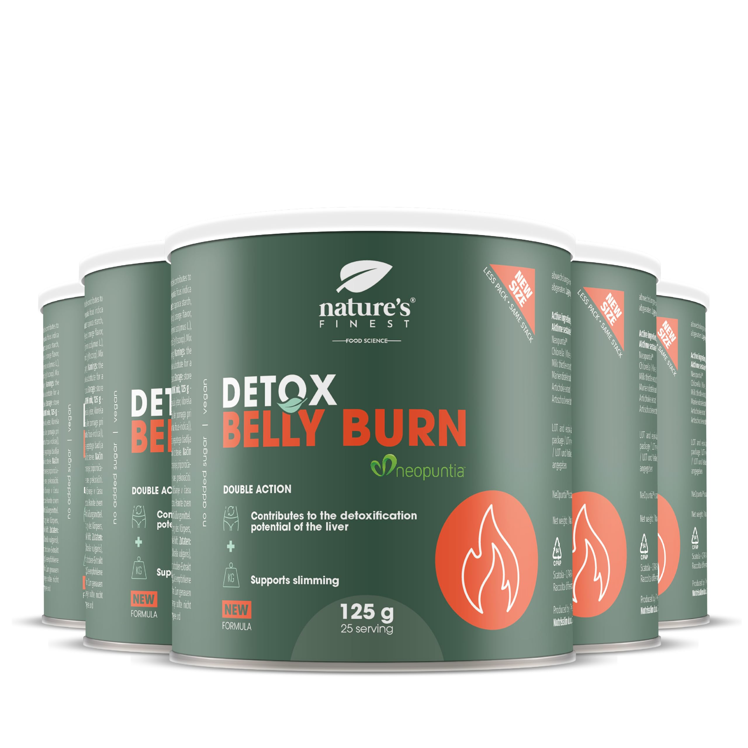 Nature's Finest Detox Belly Burn Drink, Trinkpulver 625 g (5er Pack) | Mit Neopuntia Feigenkaktus, Chlorella, Mariendistel & Artischocke - Orangengeschmack, vegan, glutenfrei
