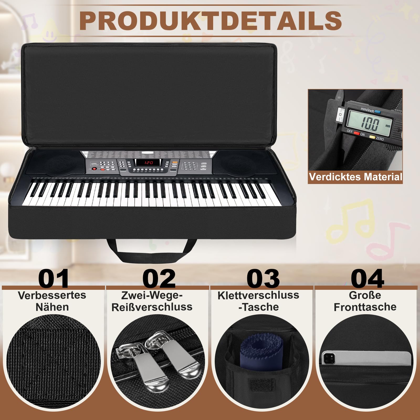 61 Key Keyboard Tasche, Robuste 600D Oxford Keyboardtasche 61 Tasten mit 10 mm Polsterung, Keyboard-Gigbag mit Griffen und Schultergurten für Digitales E-Piano (Schwarz)